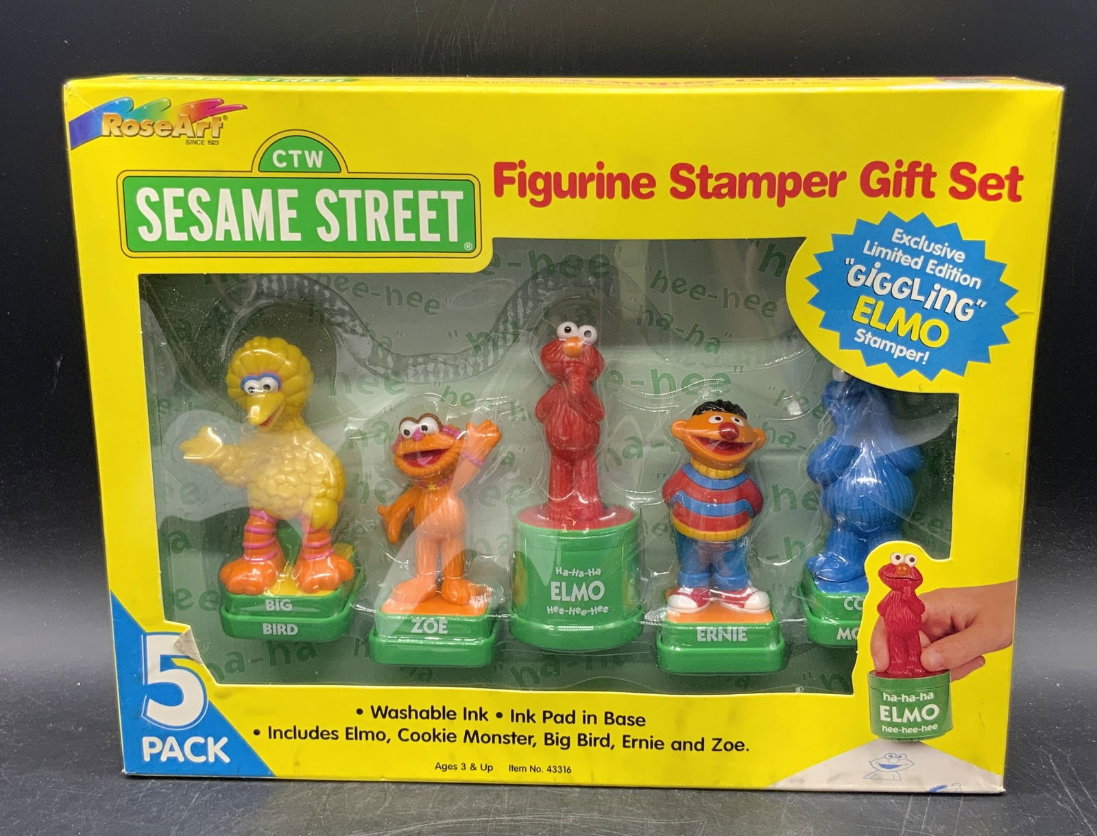 Rose Art SESAME STREET Figurine Stamper Gift Set: A vintage Rose Art Sesame Street figurine stamper gift set. The set comes with a limited edition giggling Elmo stamper. Characters include Zoe, Elmo, Big Bird, Ernie, and Cookie Monster. Box measures