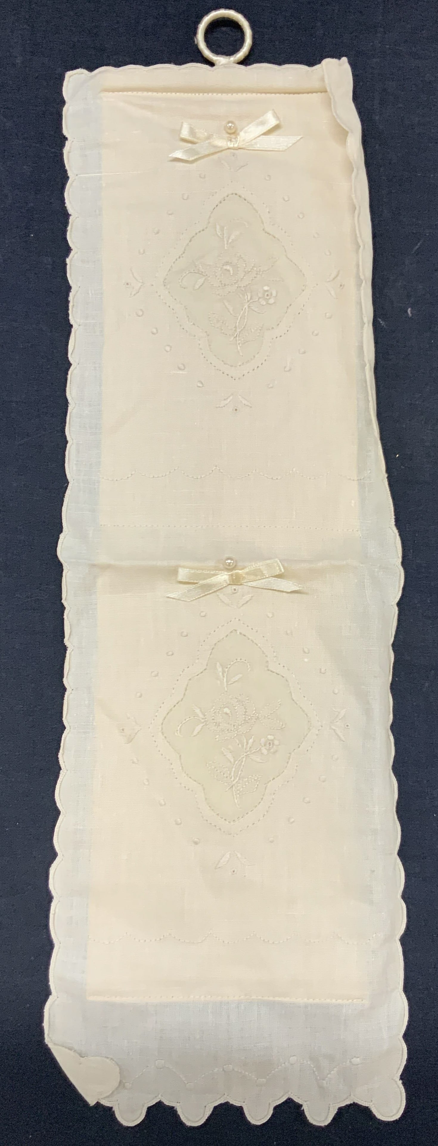 Vntg Linen Embroidered Wall Hanging Accessory: Vintage off white linen embroidered wall hanging accessories with embroidery roses on centers and top loop. Approx 20 x 6 inches Moderate wearing to fabric due to age and use. Vintage linens, wall dec