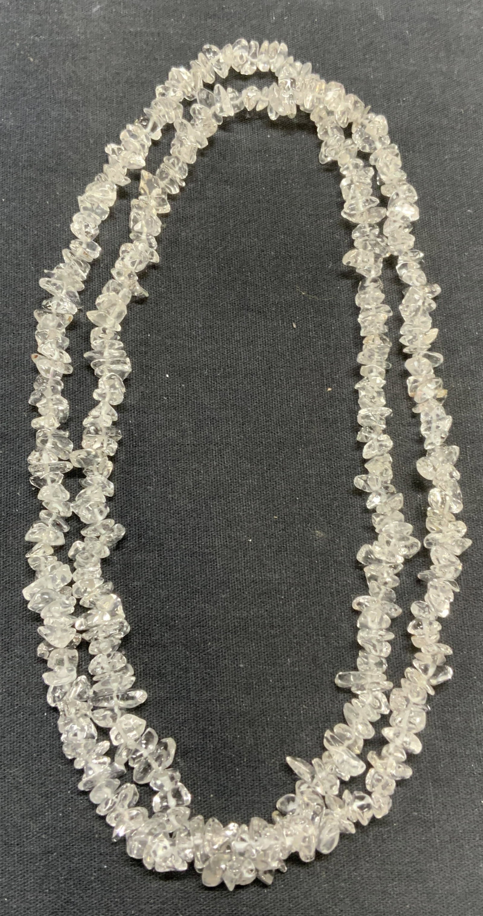 Colorless Glass Chip Beaded Necklace: Colorless glass chip beaded necklace. Drop length approx. 17 inches. Some surface wear including scratching observed. Estate jewelry, costume jewelry, cocktail jewelry, fashion jewelry, accessories, f
