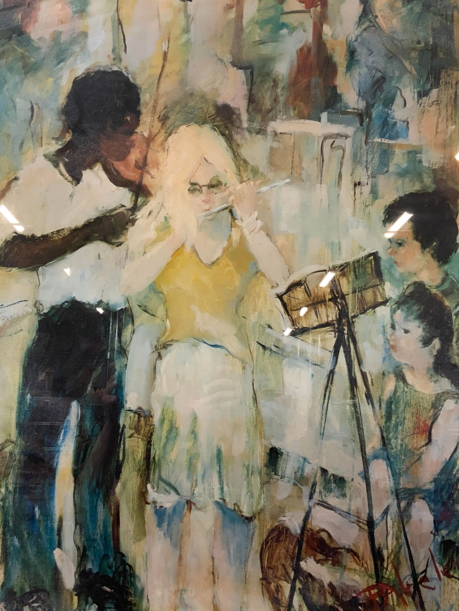 Bernard Abelew Sgd Artist Proof Lithograph: Signed on lower right corner Bernard Abelew, young entertainers, a/p for artist, proof. Depicts children playing musical instruments. Framed in a gold toned metal frame with white mat board. Approx 26