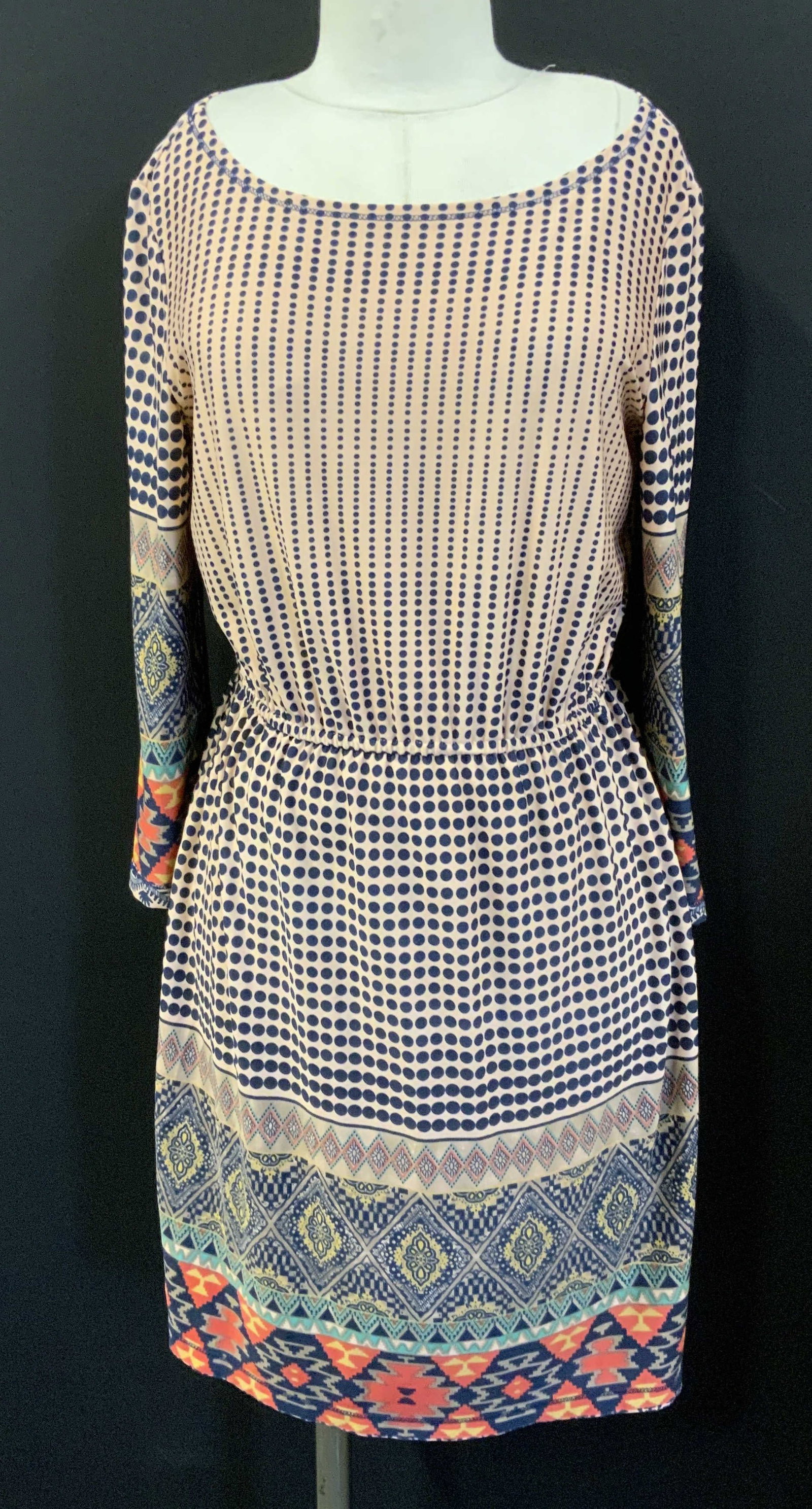 GRIFFLIN PARIS Polka Dot & Navajo Print Dress, Fra: Size small GRIFFLIN Paris Dress. Long sleeves. Polyester and spandex. Peach background with navy polka dots and colorful Navajo geometric pattern trim. 36 in. Long. made in France . Dress, Designer GR