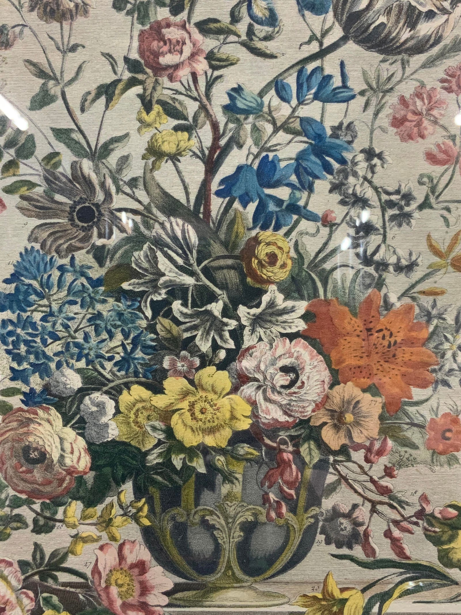 H.Fletcher Full Color May Flowers Engraving: Marked on lower right corner, engraved by H. Fletcher. From the collection of Rob. Furber Gardiner of Kensington. Engraving in full color depicting the various flowers of the month of May. Framed in a