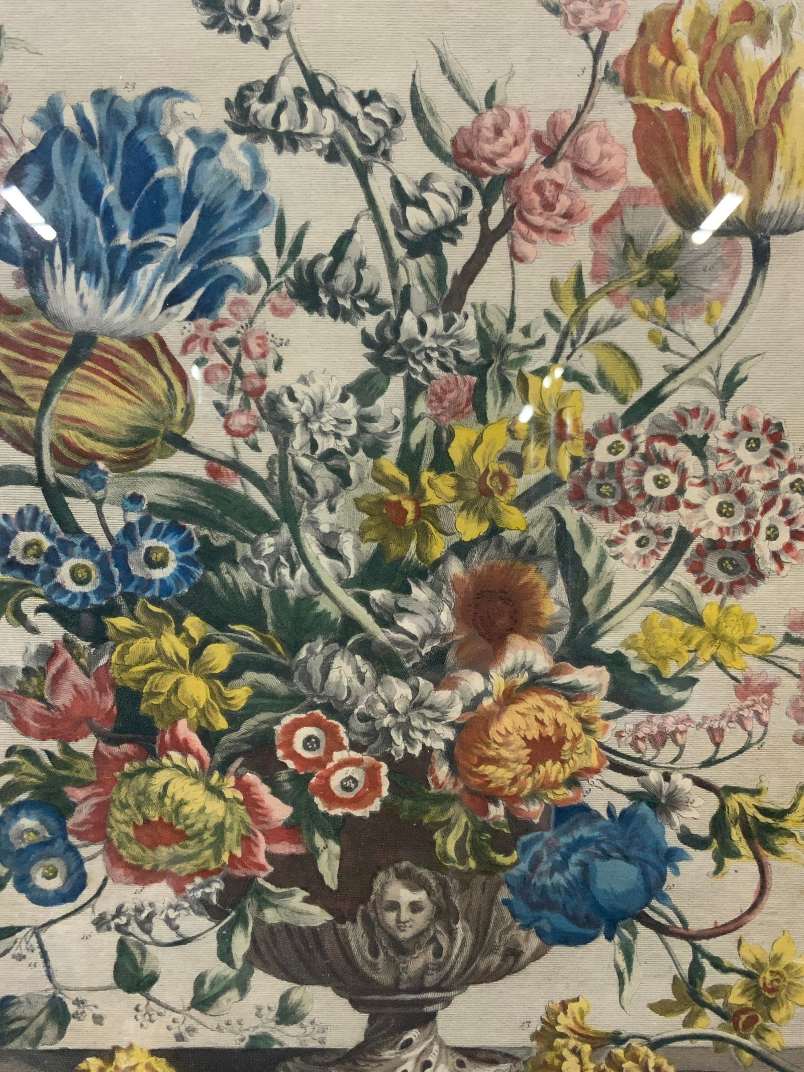 H.Fletcher Full Color April Flowers Engraving: Marked on lower right corner, engraved by H. Fletcher. From the collection of Rob. Furber Gardiner of Kensington. Engraving in full color depicting the various flowers of the month of April. Framed in