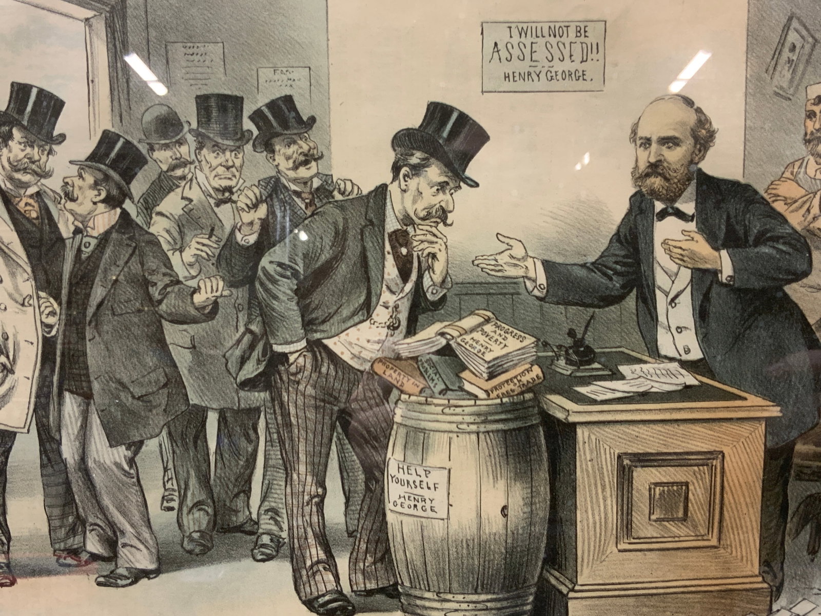 Antique Puck F.Obben Political Cartoon: Marked on upper margin Puck. j.ottoman lith Puck building. NY. Reads A new departure in bar ls Chorus of political workers this is the worst bar l we ever struck. Depicting NYC Mayor Henry George pres