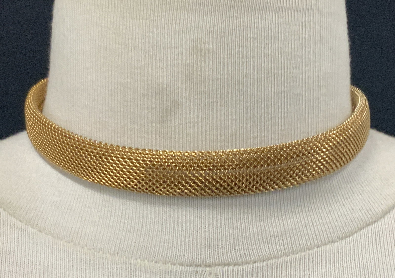 Gold Tn Snake Mesh Choker Necklace: Gold toned choker necklace made of snake mesh with adjustable chain. Approx 17 inches total length. Minor wearing to material and metal Jewelry, gold toned jewelry, mesh choker, choker, snake chain ch