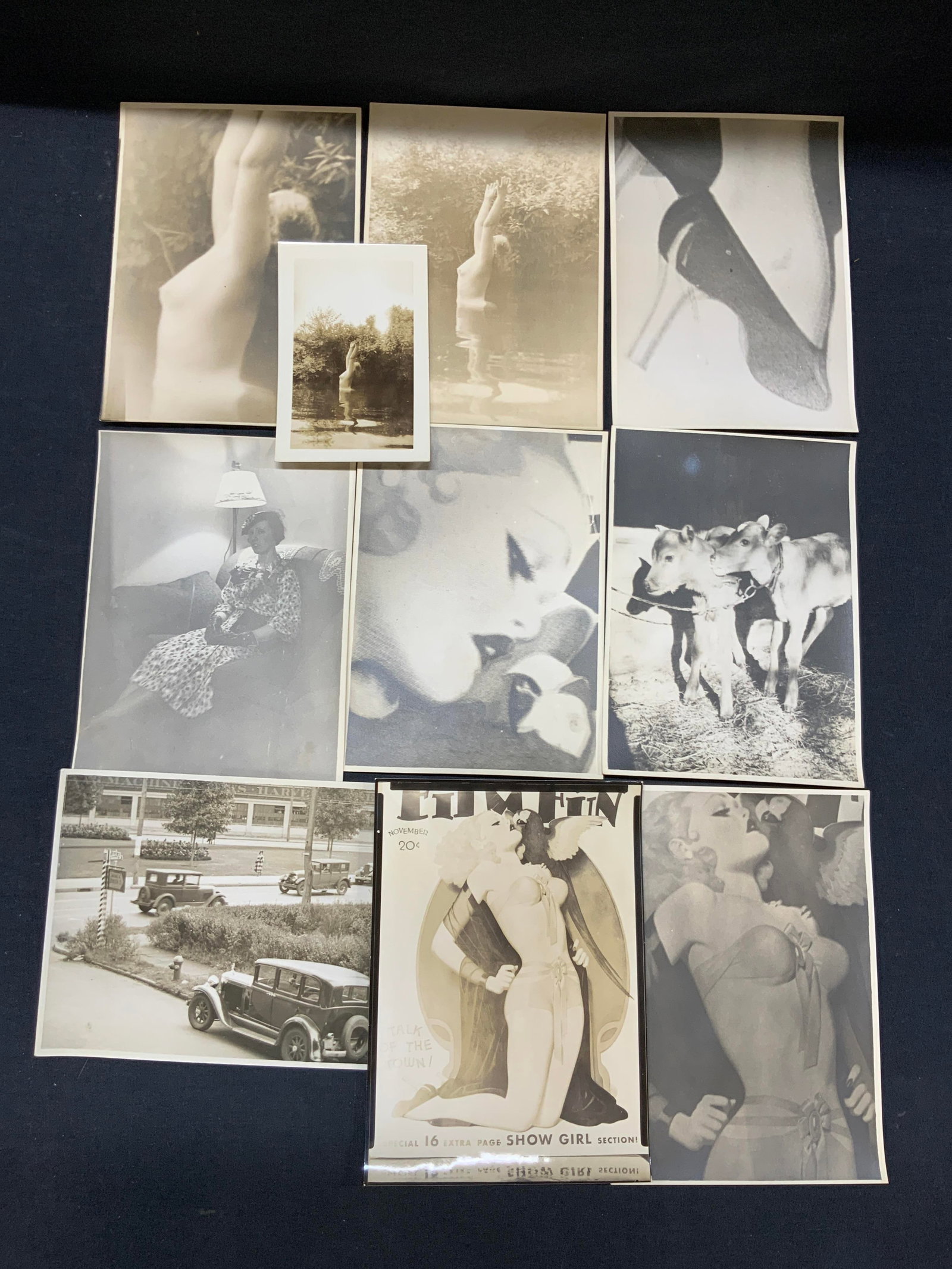 Lot 10 Vntg Figural Photographs & More: Lot of 10 paper and photography ephemera. Photography of a nude woman with a lake with paper prints of this including close ups. 1 photograph of a film Fun, show girl section, and other photographs of