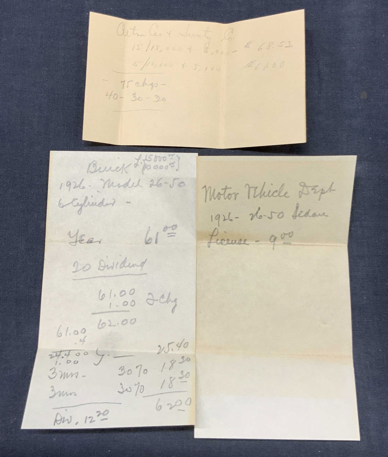 1926 Buick Vehicle Sale & License Papers: Lot of 3 hand written papers indicating the purchase and licensing of a Buick on 1926. Papers are approx 6 x 3.25 inches Moderate discoloration to papers due to age and use. Antique ephemera, Antique 