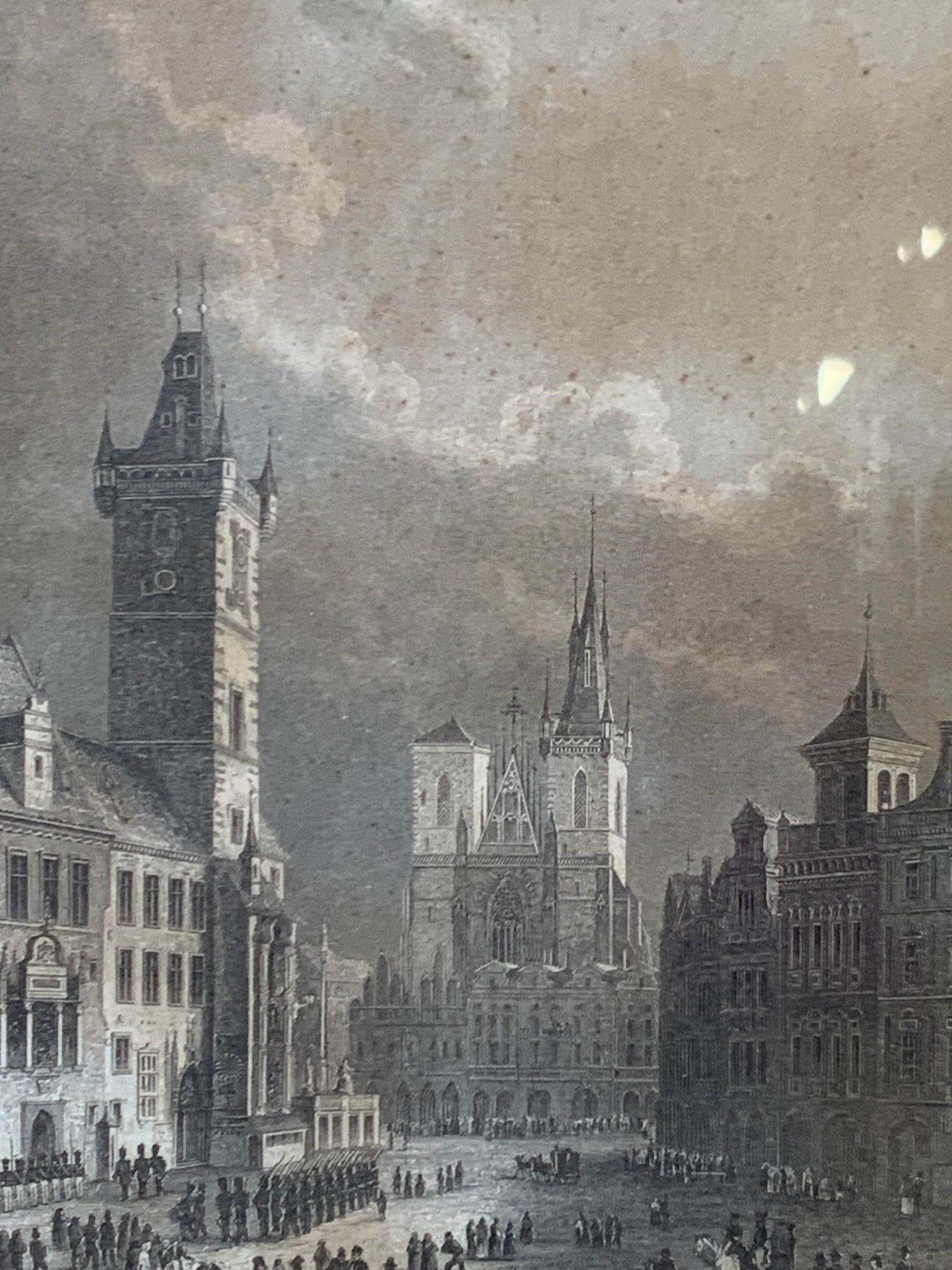 Vntg In Prag C.Reiss & Poppel Etching: Plate etching in black, marked on corners C.Reiss and poppel. Marked In Prag Der Grosse Ring. Depicts the center of the city with towering cathedral and buildings. Framed in a silver toned wooden fram