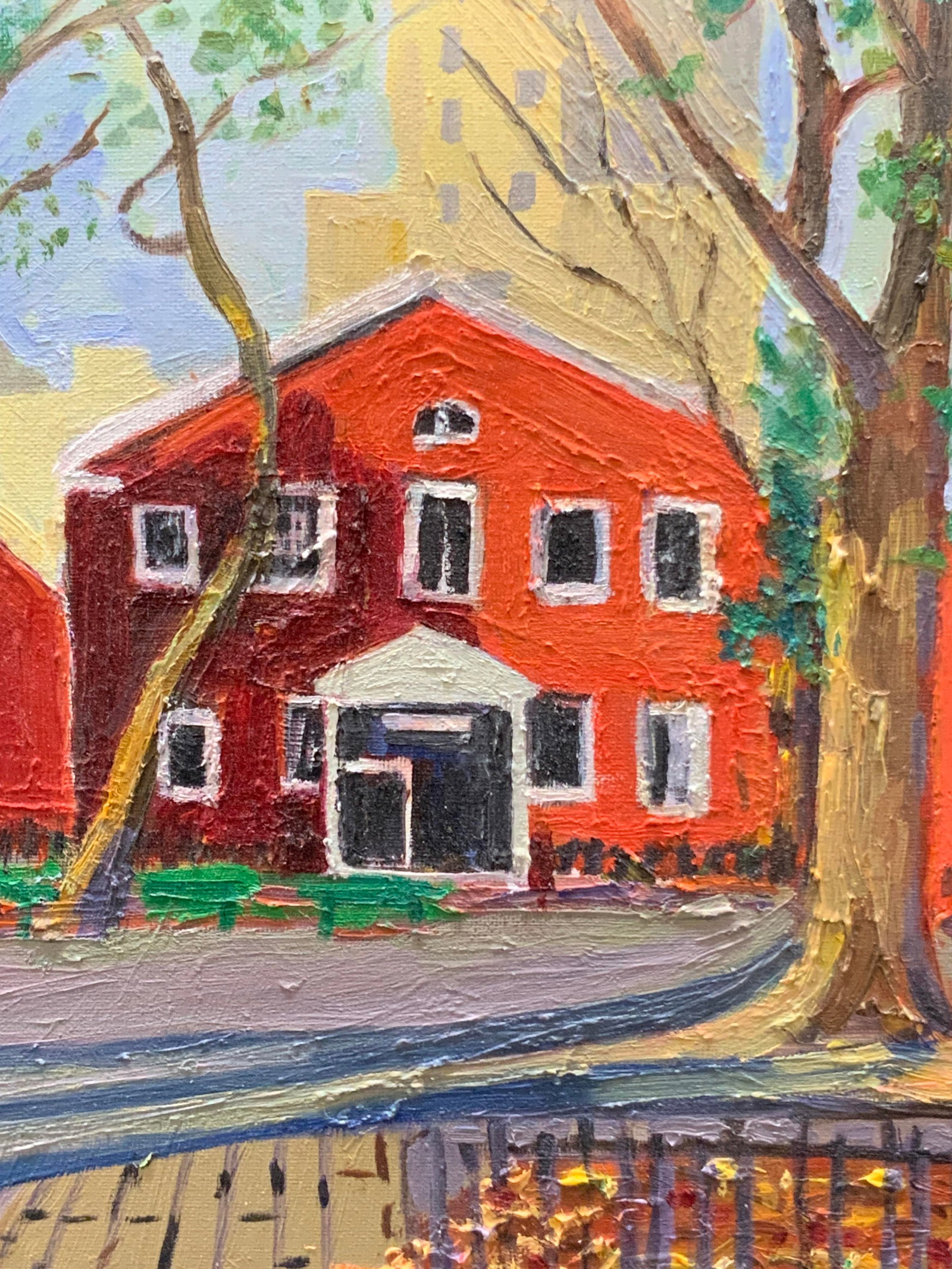 Red House Acrylic Painting On Canvas: An acrylic painting on canvas, depicting a red house from the strewn view with a city in the background. No frame. Approx 8 x 10 inches. Moderate wearing to canvas and edges. Home decor, wall art, fin