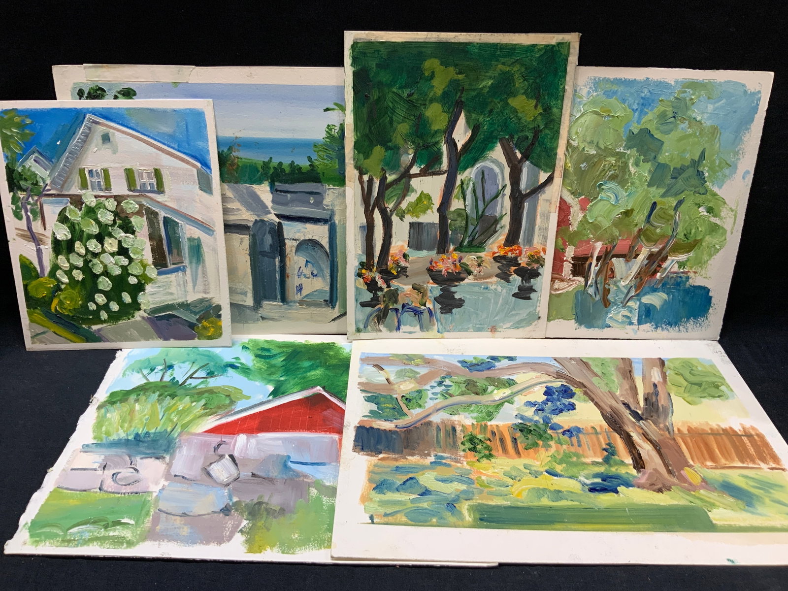 Lot 6 Gouache & Watercolor Exterior Paintings: Lot of 6 watercolor and gouache paintings on papers Depicting exterior scenes of houses and buildings with streets and fences. No frames. Largest being 9 x 12 and smallest being 8.5 x 7 inches. Modera