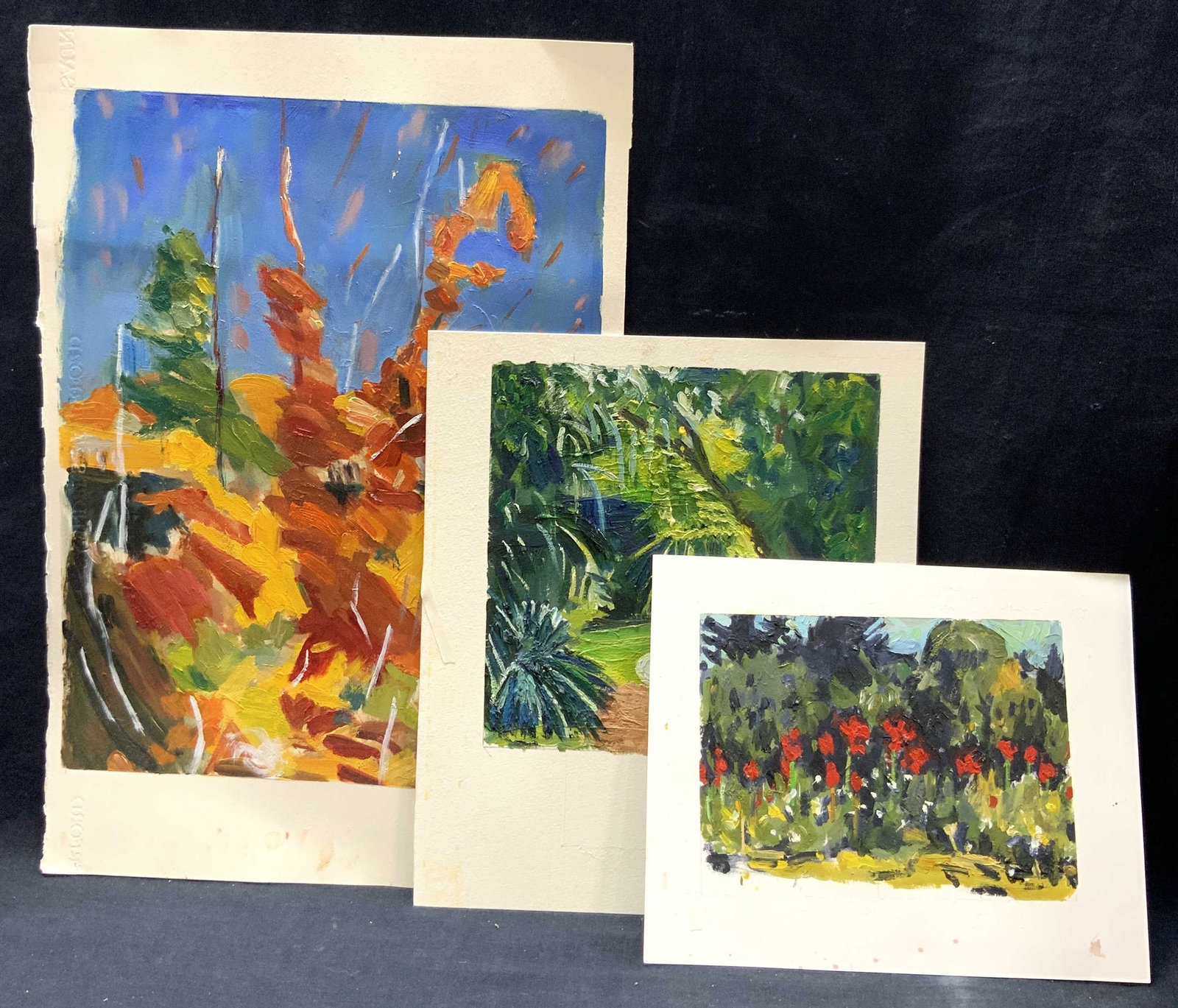 Lot 3 Floral Landscape Gouache On Paper: Lot of 3 Gouache / acrylic on papers. 1 piece Depicting a green landscape with red flowers, another depicting a lush green walkway and another a close up of a flower bouquet in impressionist style. La