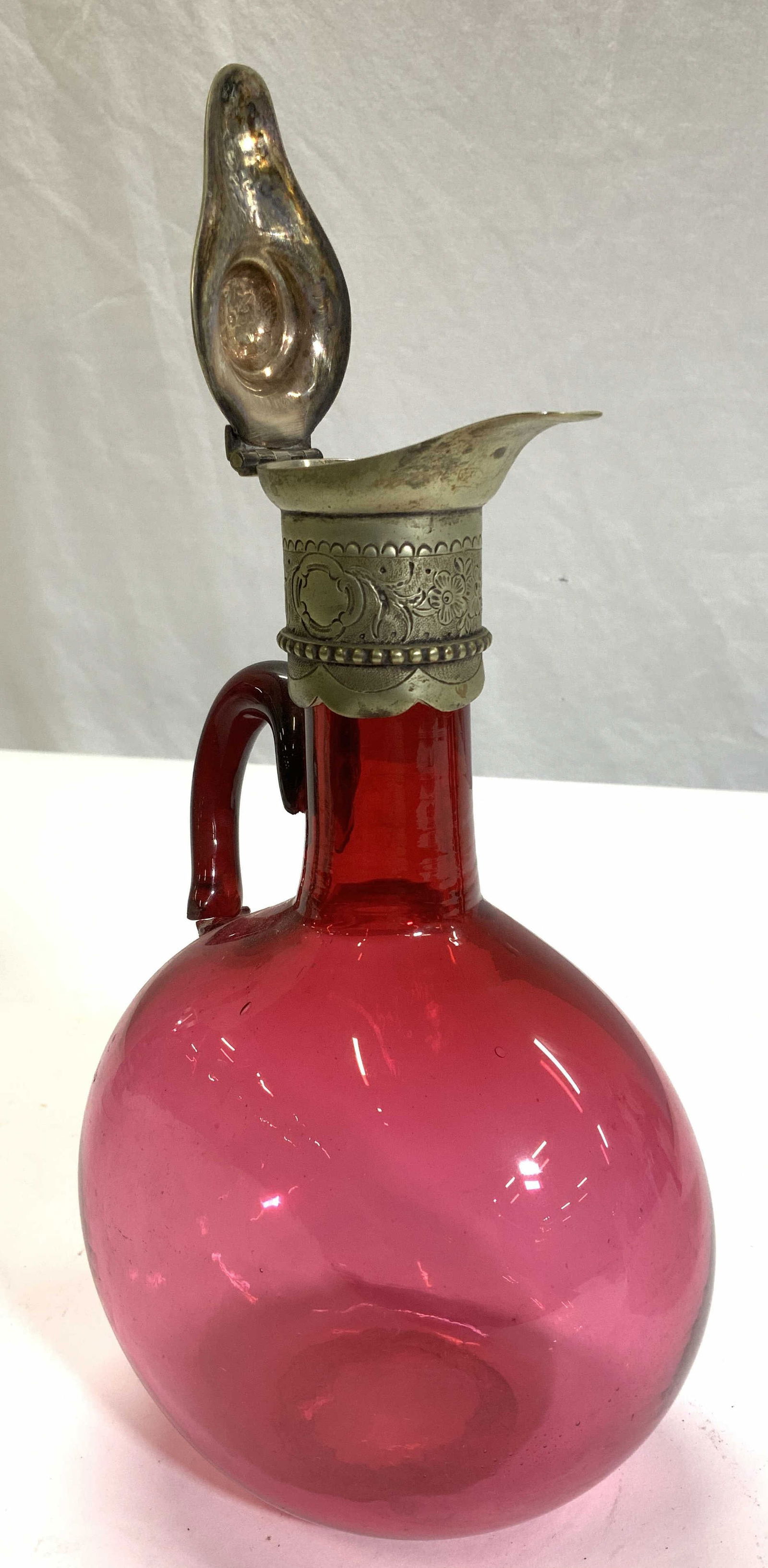 Cranberry Red Glass Ewer w Metal Hinged Spout (1 of 6)