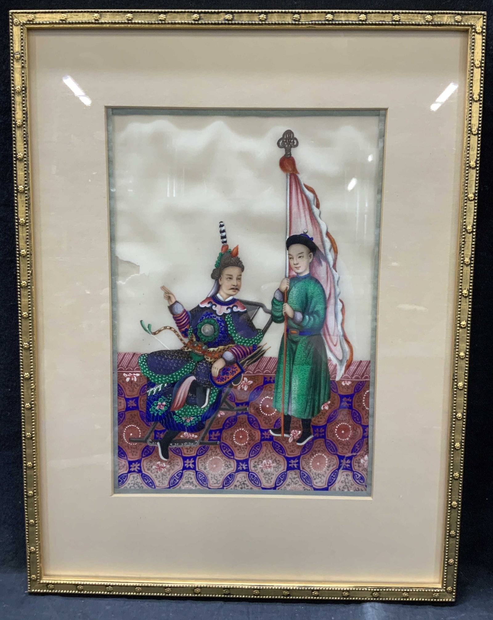 Hand Painted Gouache Asian Nobility Painting: Hand painted on paper Asian notability, depicting a nobleman seated and talking to a flag bearer. Framed in a gold leafed wooden frame with off white mat board.15 x 12 inches window measures 10 x 7 in