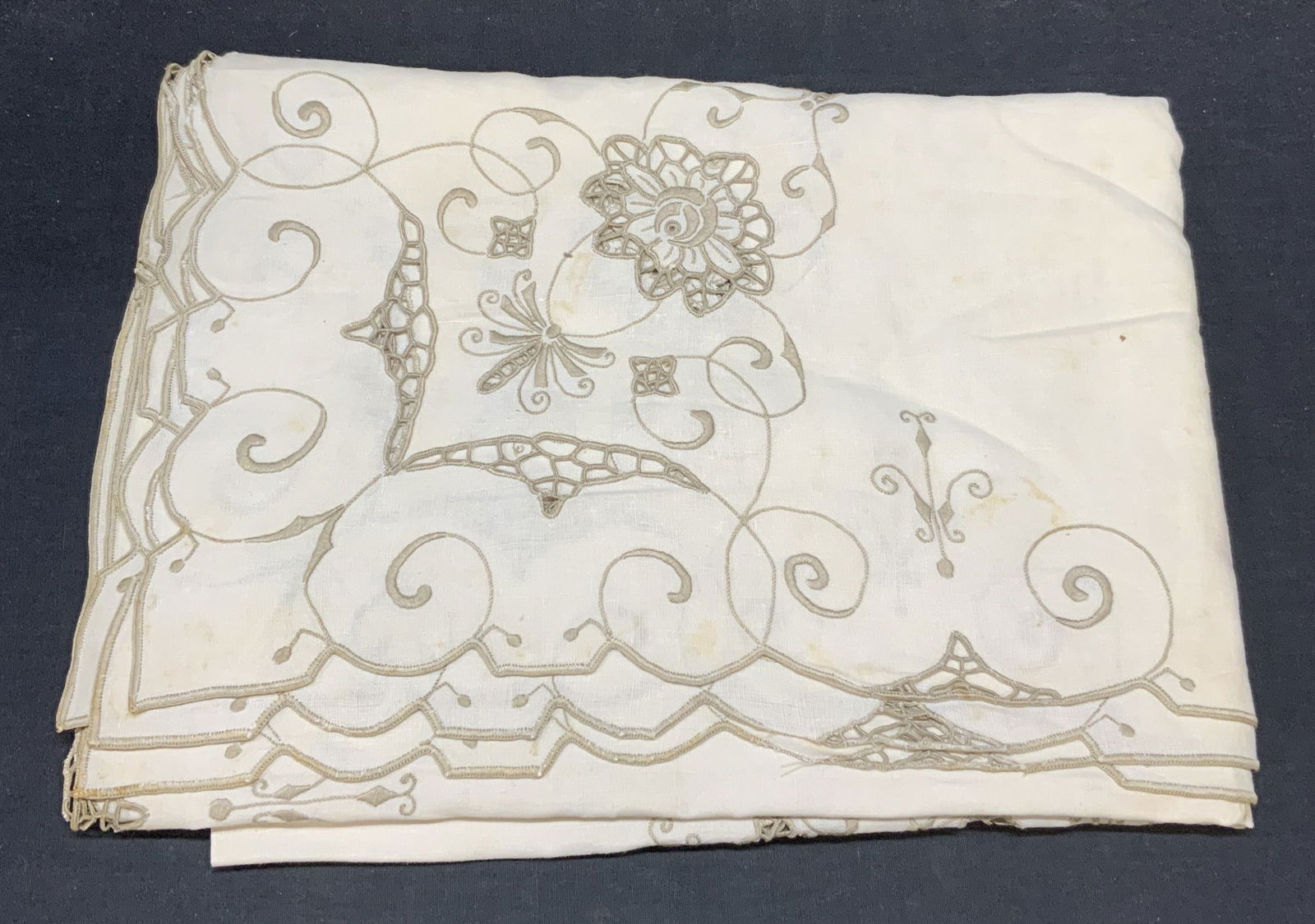 Vintage White & Tan Embroidered Tablecloth (1 of 6)