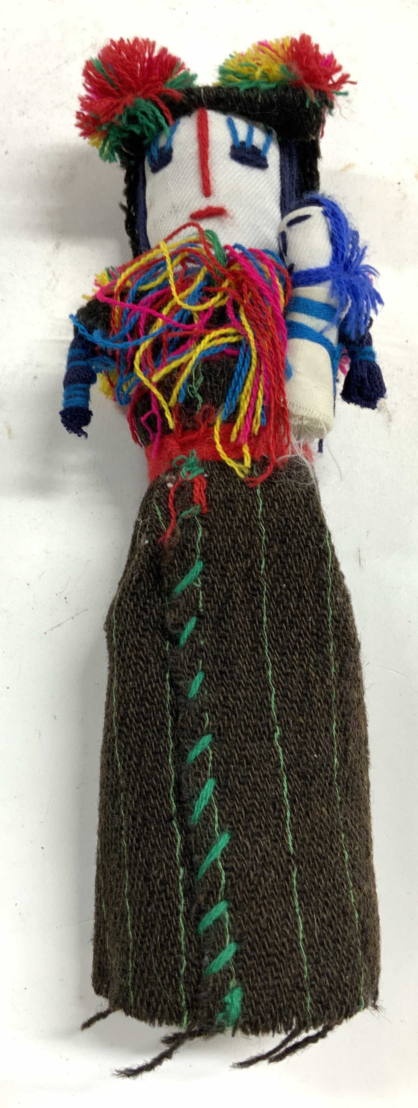 Vntg Hand Crafted Guatemalan Doll Folk Art: Doll is vintage. Piece appears o be hand crafted. Guatemalan folk Art female figure doll, appears to be crafted from wool and other fabrics/textiles. Doll measures approximately 9.25 inches tall 3 inc