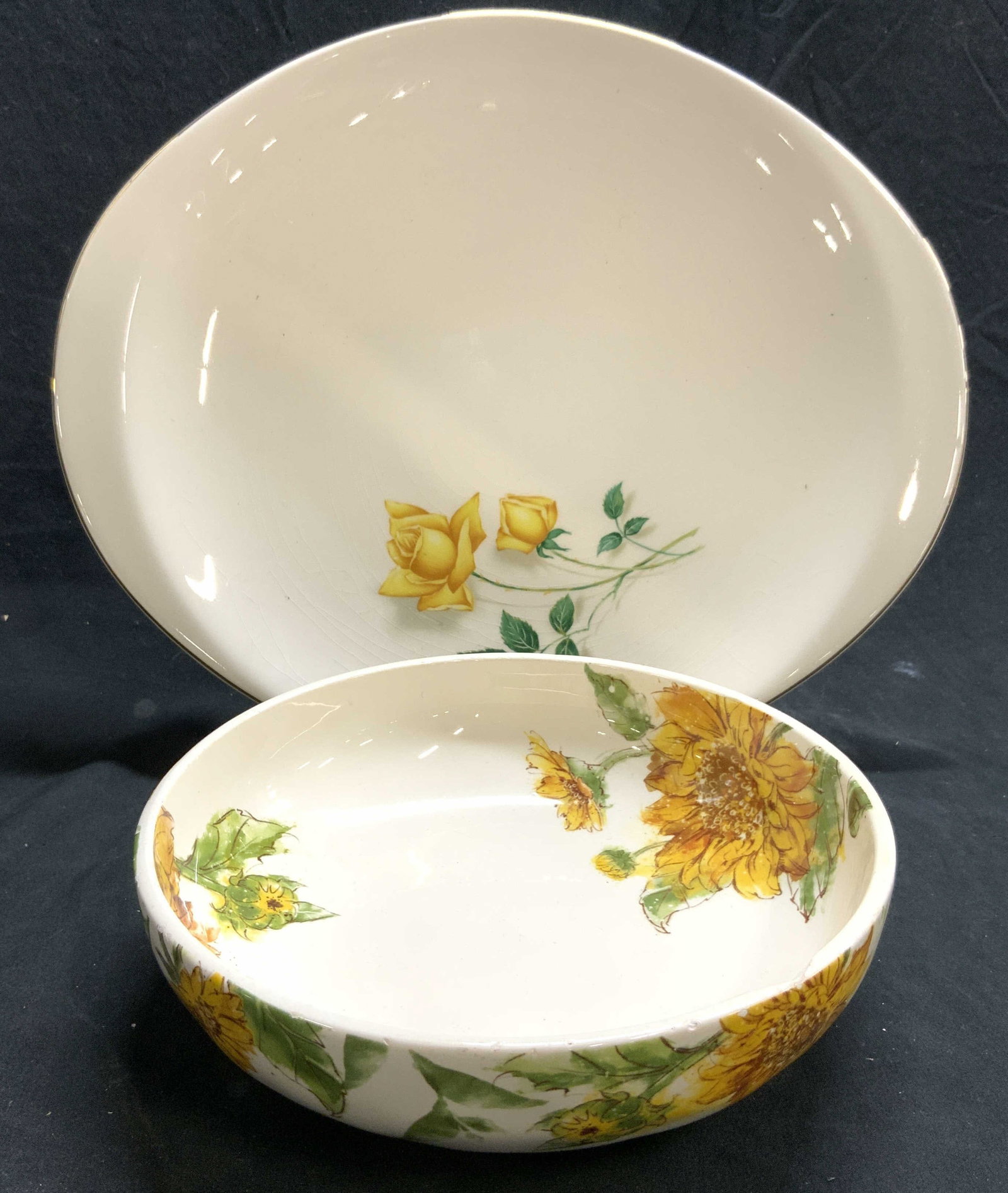 Lot 2 Porcelain Plate & Bowl: Underside of Bowl reads PIER 1 IMPORTS, underside of plate reads CANONSBURG. Lot includes 1 bowl & 1 plate. Each piece has differing yellow and green toned floral and leaf detail. Plate has gilt rim. 