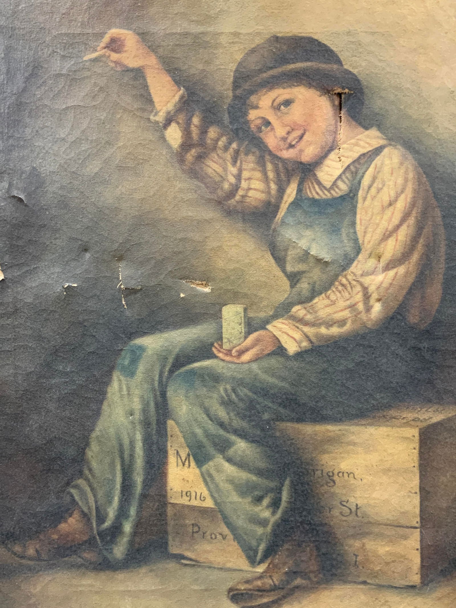 Vntg Child Oil Painting On Canvas 20in (1 of 7)