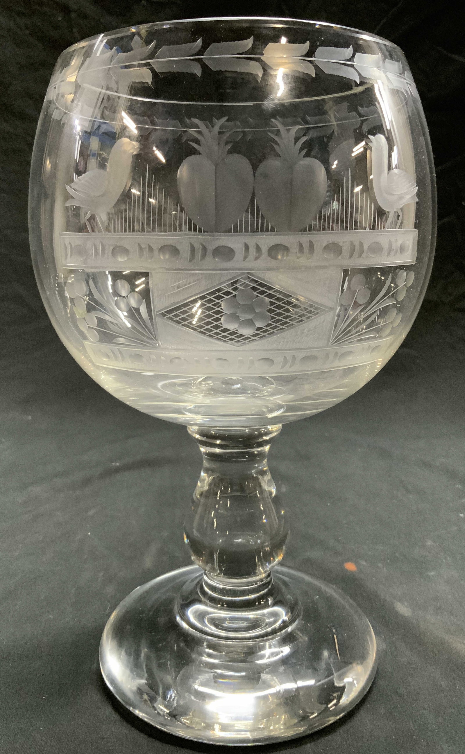 Always Faithful Vntg Crystal Anniversary Goblet: ALWAYS FAITHFUL Anniversary Goblet. Goblet is vintage possibly antique. Goblet appears to be Crystal possibly glass. Piece has intricate frosted detail. Piece has circular form base. Goblet measures a