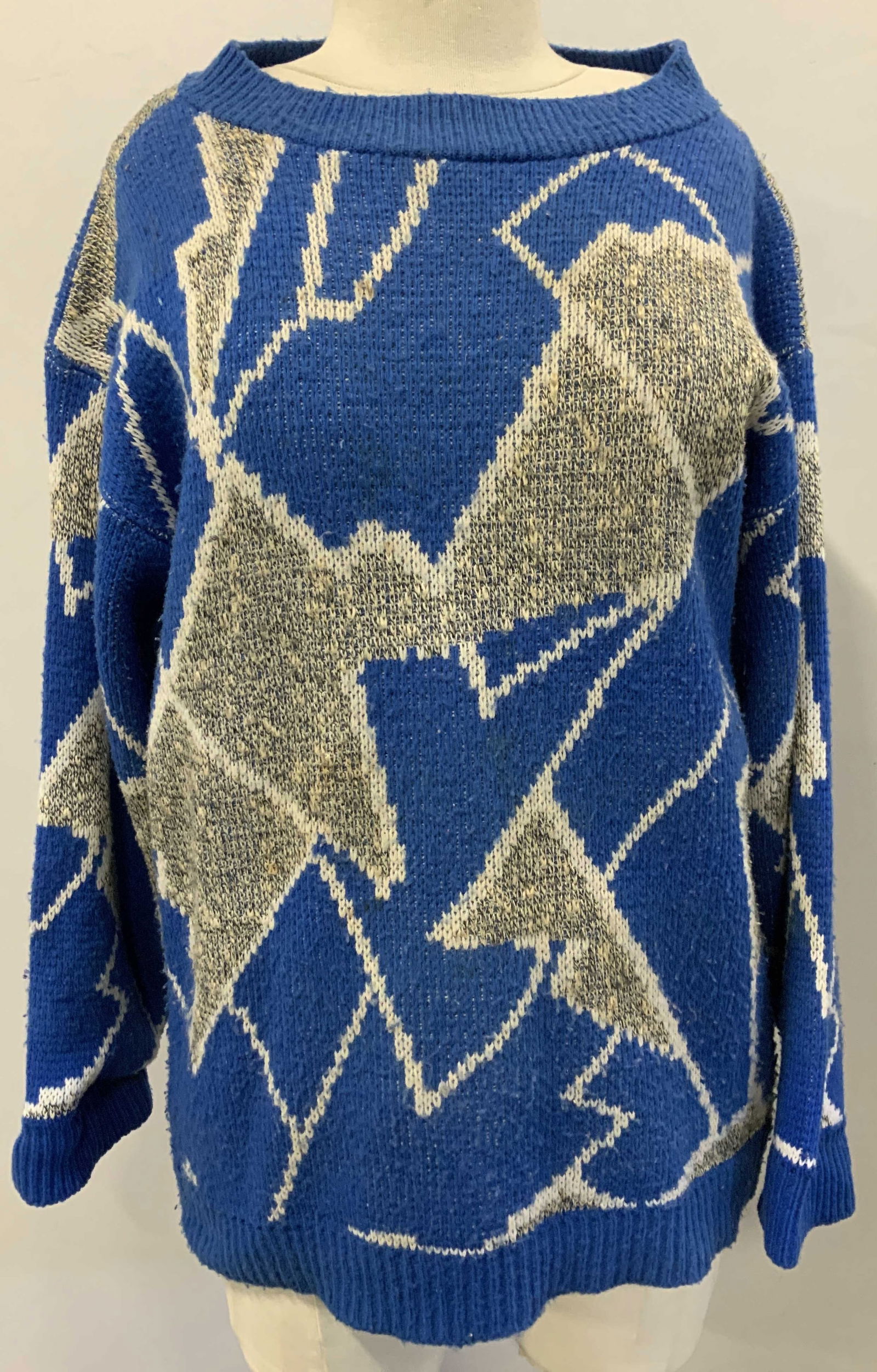 College Point Abstract Print Sweater, USA: Blue and grey knit sweater , c. late 1980s/ 1990s. Designer College Point . 38 in. Waist, 26 in. Long. Some wear- pilling and blemish spot noted. Knitwear, casual wear, wearables, sweater Cardigan, Ta