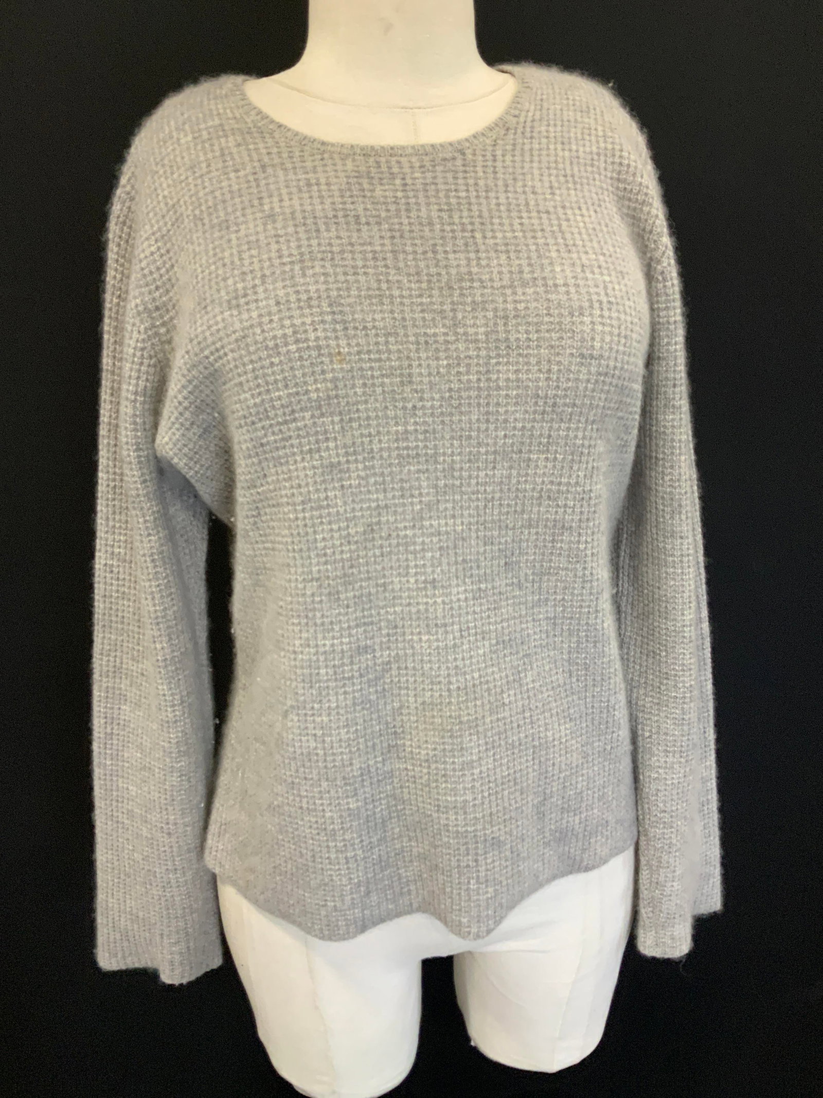 Cashmere Waffle Pattern Grey Sweater: Light grey sweater, soft hand waffle texture. Possibly a blend of cashmere and angora. No labels. Dry clean. Light spot on the front. Size med. 34 in. Waist. Cashmere Sweater, Ladies wearables, vintag