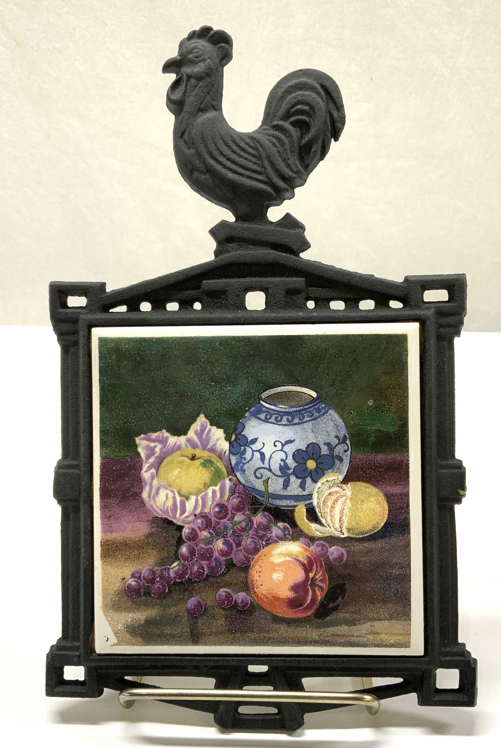 Wrought Iron Rooster Trivet w Painted Tile (1 of 7)