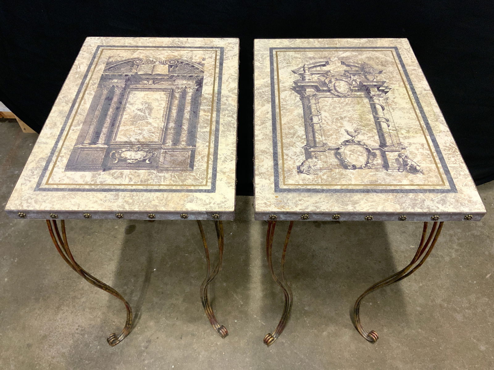Pr Vntg Metal Side Tables w Roman Architecture Detail (1 of 8)