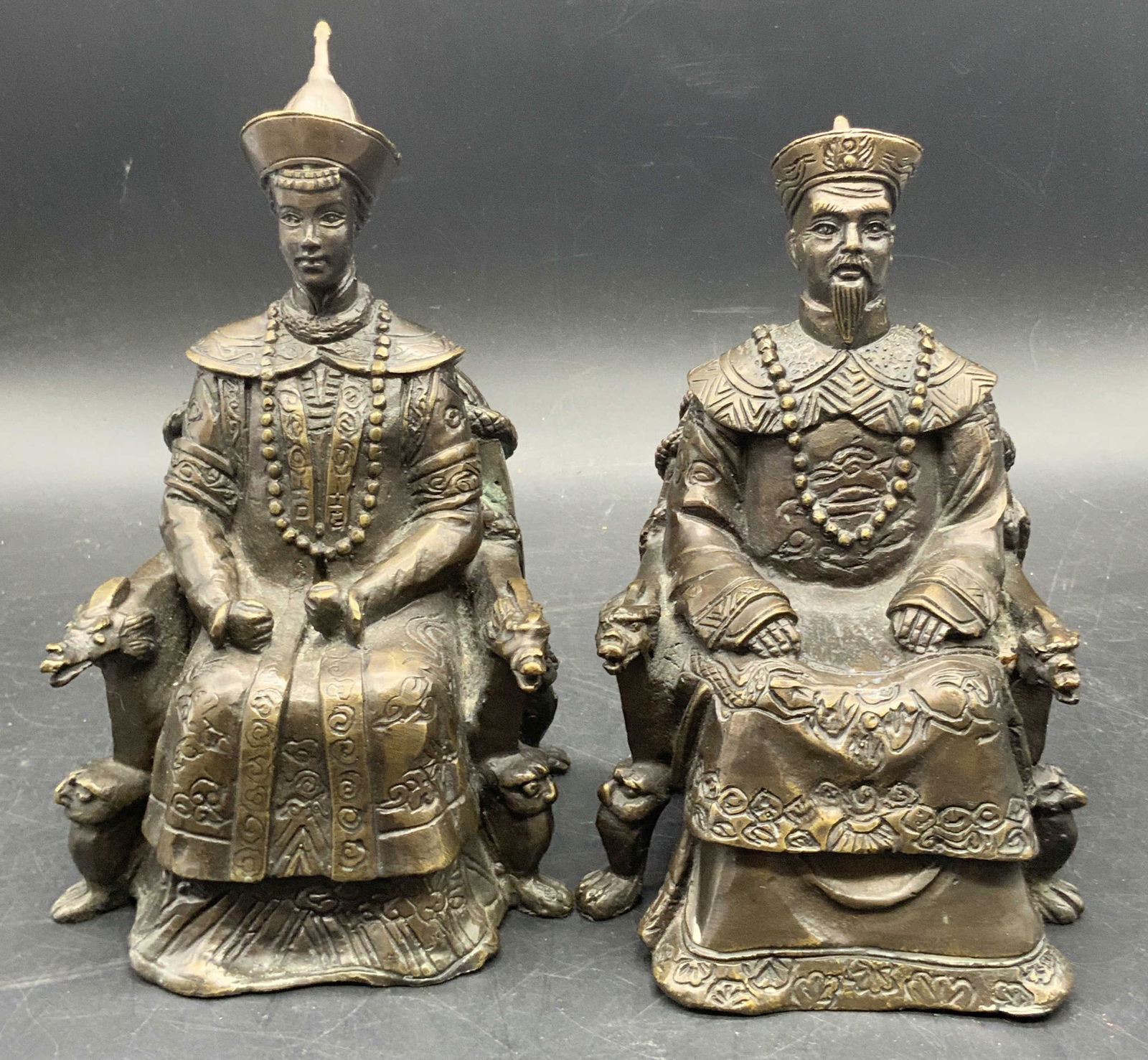 Pair Bronze Seated Emperor & Empress Figurals (1 of 10)