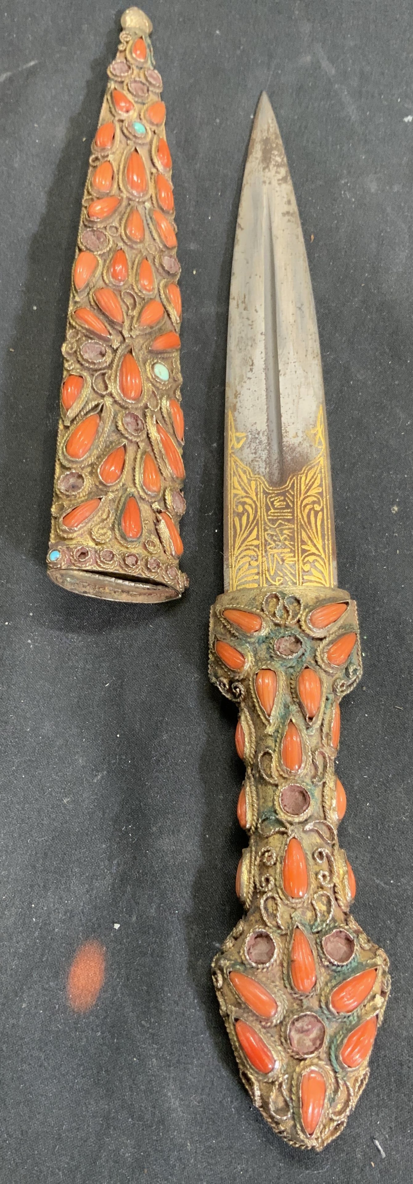 Asian Gilt Metal & Cabochon Knife W Sheath (1 of 6)