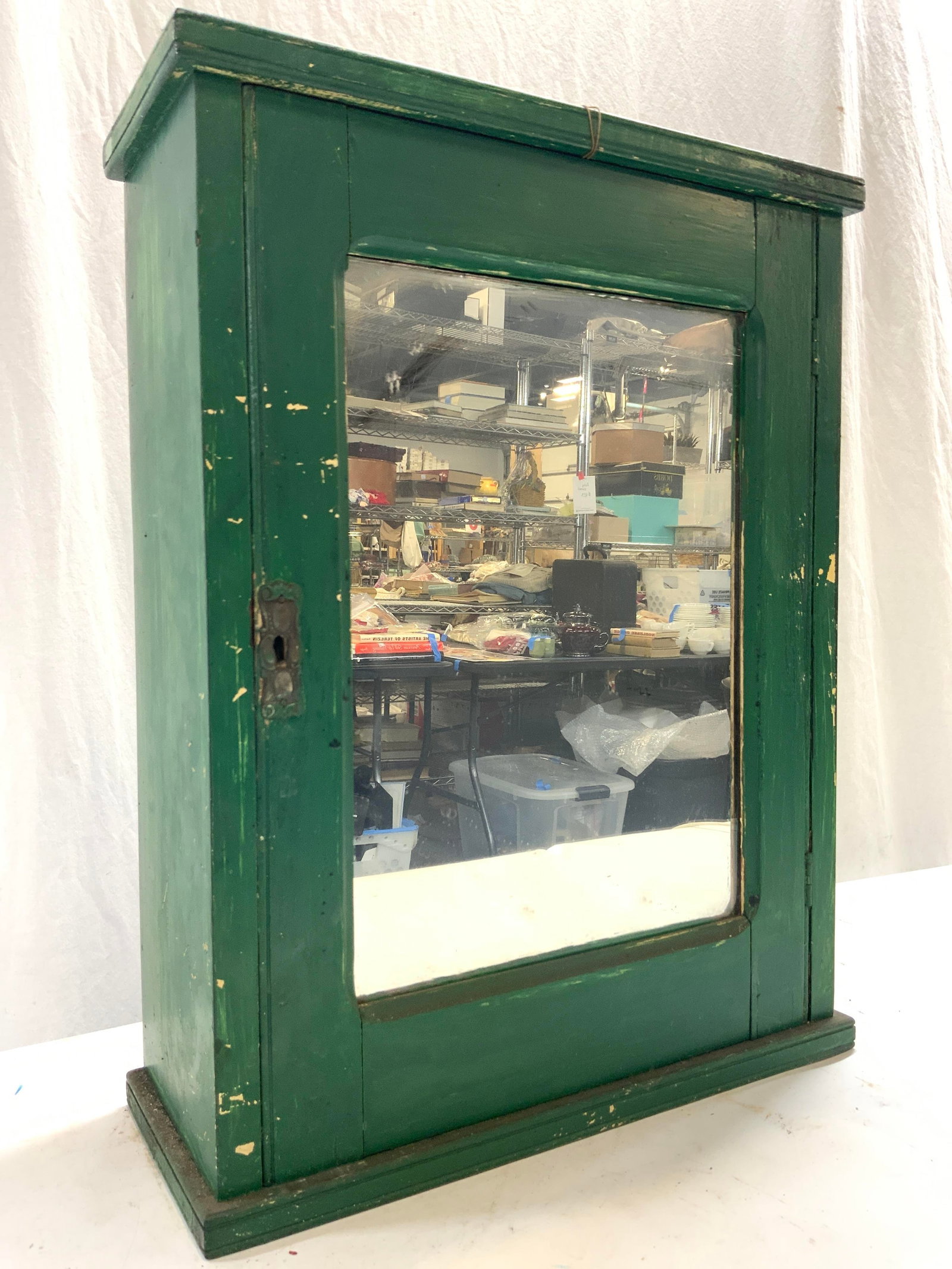 Vntg Green Wooden Mirrored Wall Mount Cabinet (1 of 7)
