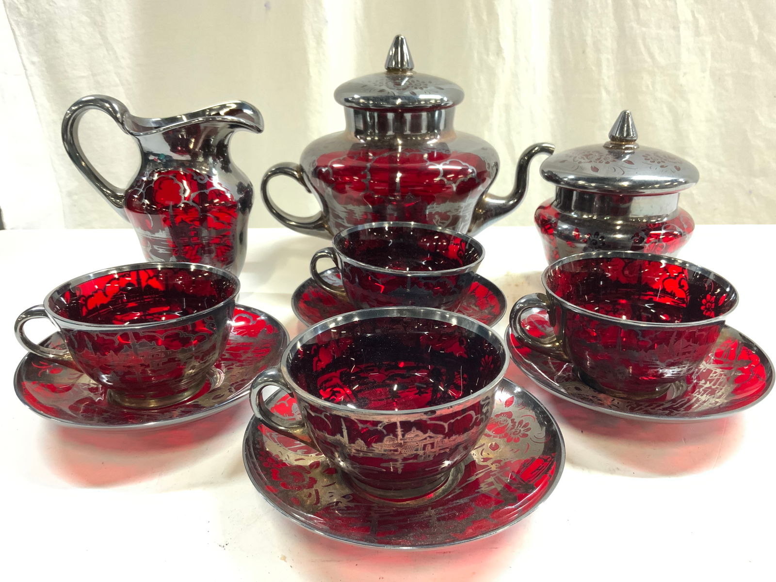 Set 11 Sterling Silver Overlay Cranberry Glass (1 of 9)