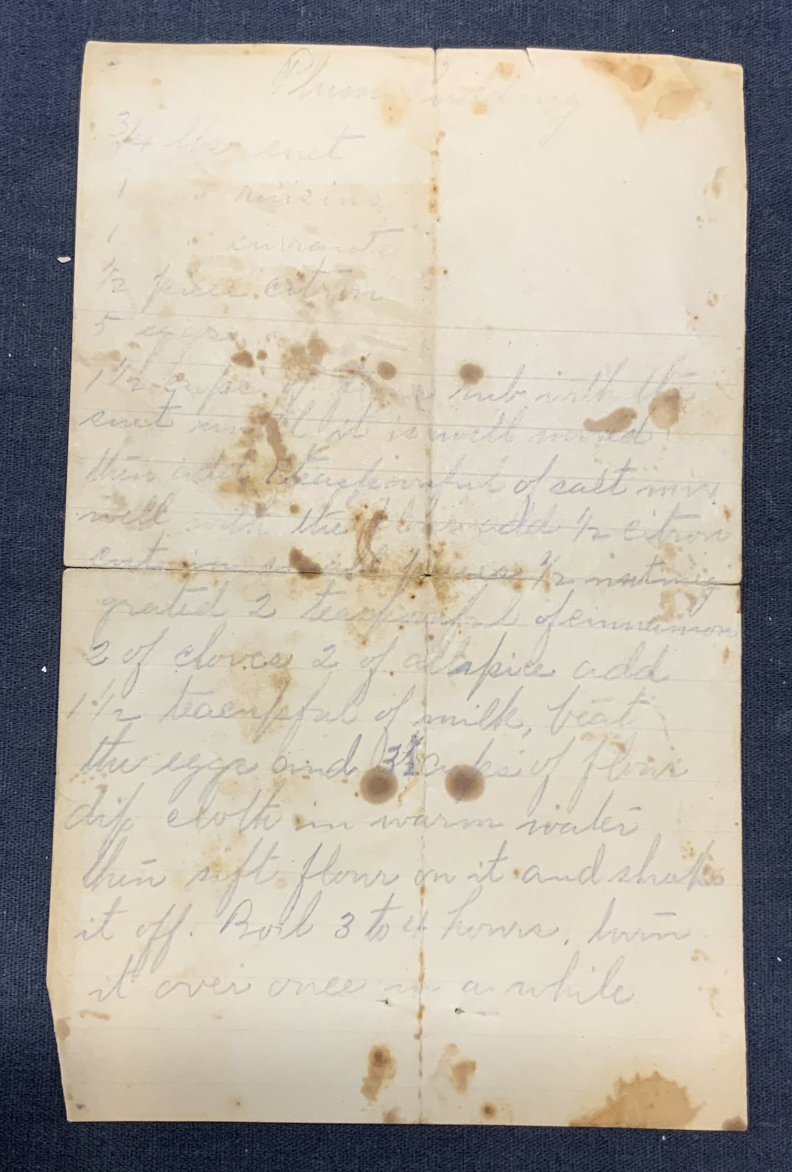 Antique Hand Written Plum Pudding Recipe Card: Antique hand written plum pudding recipe card. Hand written in graphite on paper. Measures approx. 7 x 4.5 inches. Wear to paper including tearing and blemishes observed. found with other family heirl