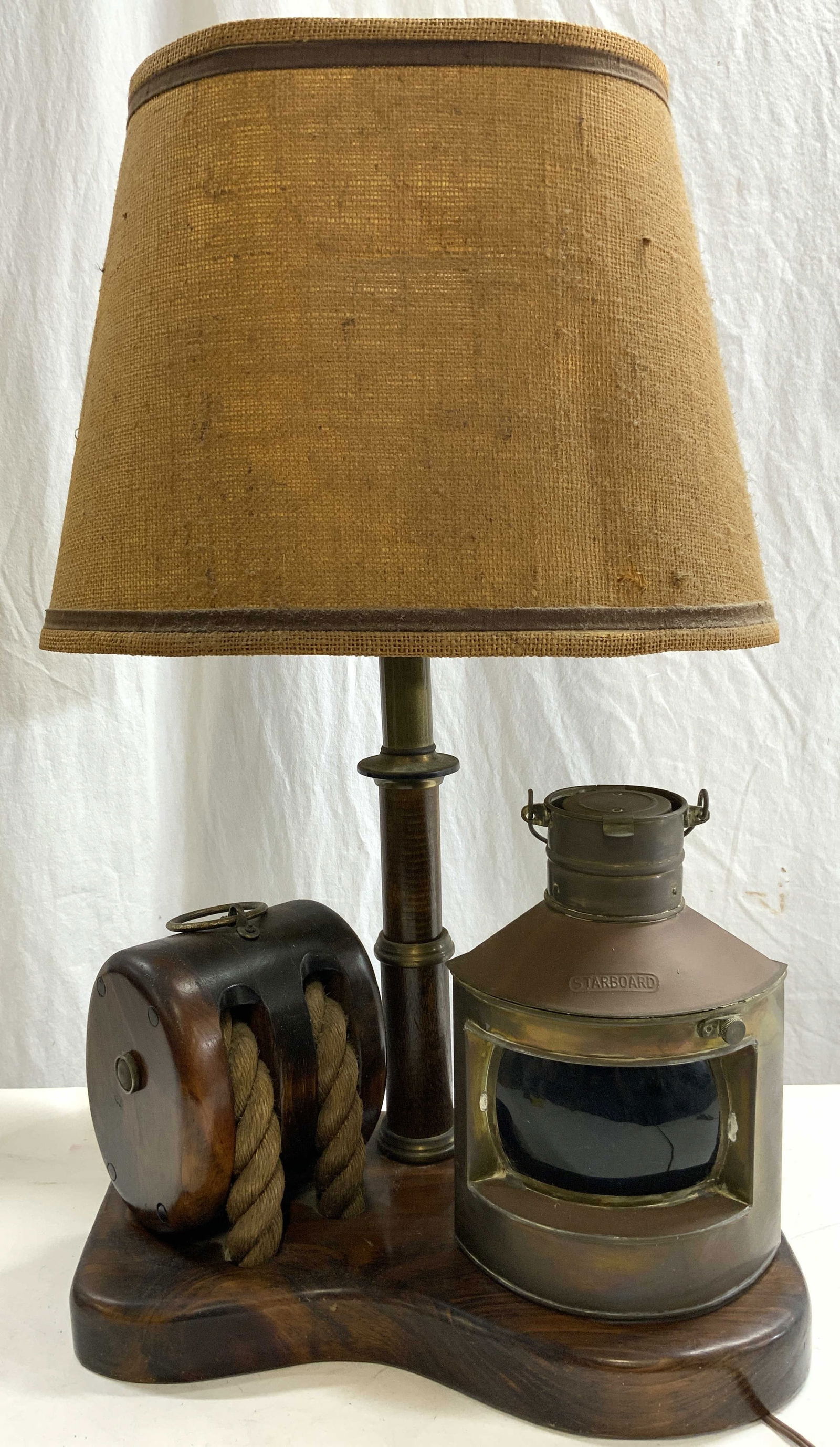 Nautical Carved Wooden Table Lamp W Burlap Shade (1 of 7)