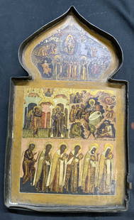 Antique Hand Painted Gilt Metal Religious Icon: Icon appears to be antique possibly vintage, appears to be handpainted with hand applied gilt. Piece has depiction of multiple religious figures. Icon has architectural shape. Outer area of icon is