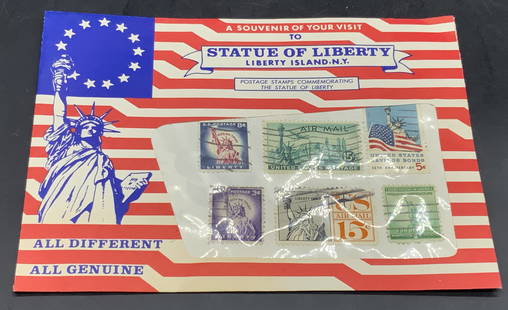 STATUE OF LIBERTY Sealed Postage Stamps: Sealed STATUE OF LIBERTY envelope containing STATUE OF LIBERTY stamps. The envelope is red, white, and blue USA flag motif. Envelope measures approx. 5L x 7W in. Stamps not examined out of sealed