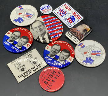 10 Vintage Republican Candidate Bush Button Pins: Ten vintage presidential campaign button pins for the Republican Party. Buttons feature George Bush, Quayle, and Republican Party motifs. Pins are primarily red, white, and blue hued. Dates to