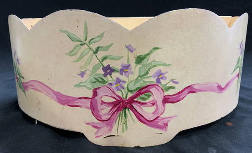 Signed Hand Painted Half Moon Cache Pot: Underside appears to possibly be signed MARLA CASHMAN. Tag reads SWEET ORR DESIGNS. Piece is cream with multi toned hand painted floral and leaf detail. Piece has half moon shape Cache Pot
