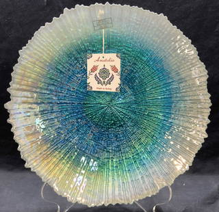 ANATOLIA Handmade Art Glass Decor TURKEY: Tag reads ANATOLIA. Piece is glass. Tag also reads This unique glass product is handmade by artisans in Istanbul Turkey. Piece has aqua, ice blue & iridescent luster. Piece has textured rim.