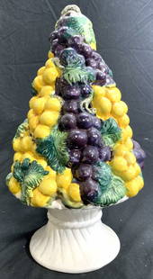 MCM Italian Majolica Ceramic Topiary: Underside is marked for ITALY. Piece is mid century modern. Topiary appears to be ceramic possibly porcelain. Piece has fruit and leaf detail. Appears to be hand painted. Measures approximately