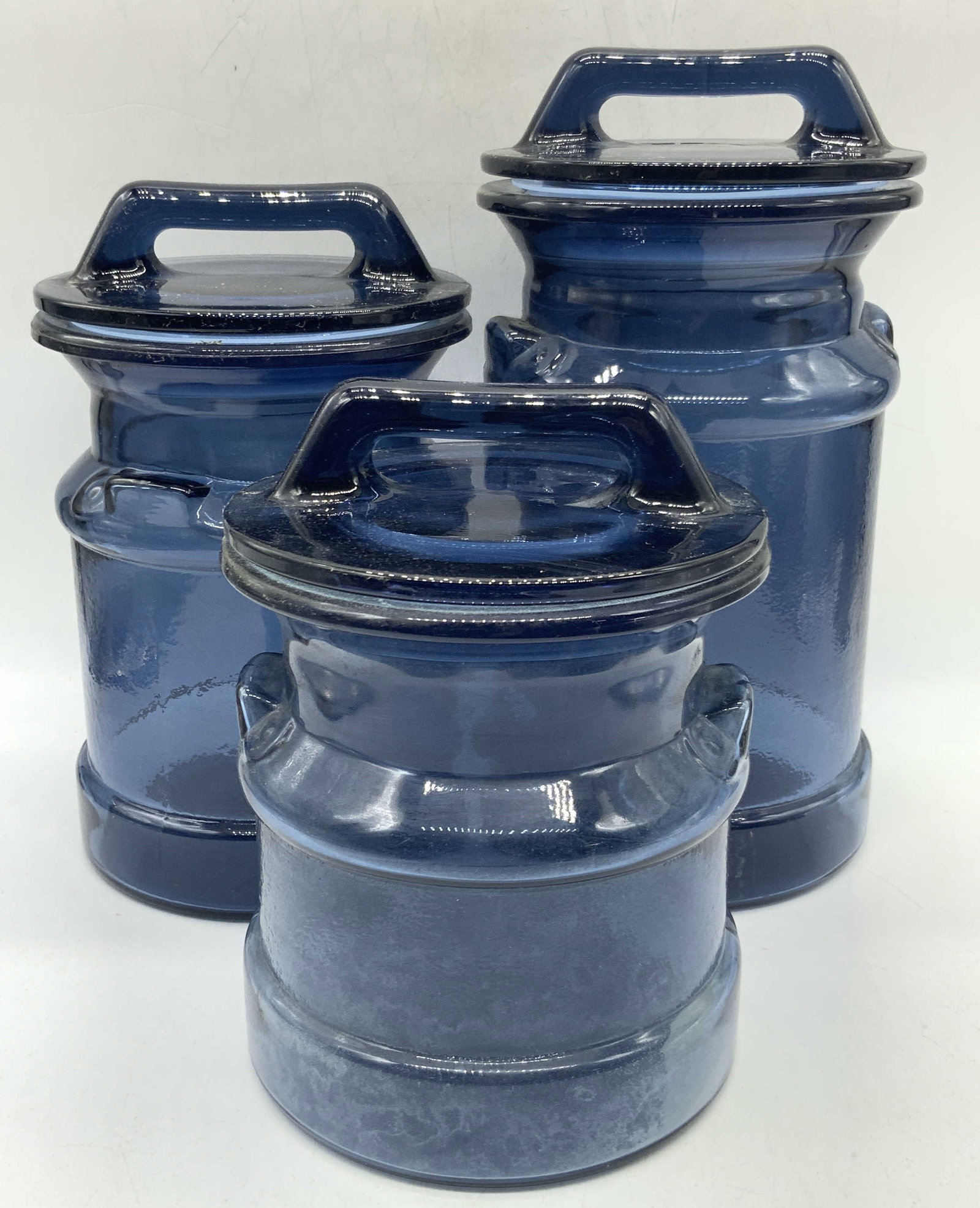 Set 3 Vntg Blue Glass Milk Canister Vessels 1970s (1 of 7)