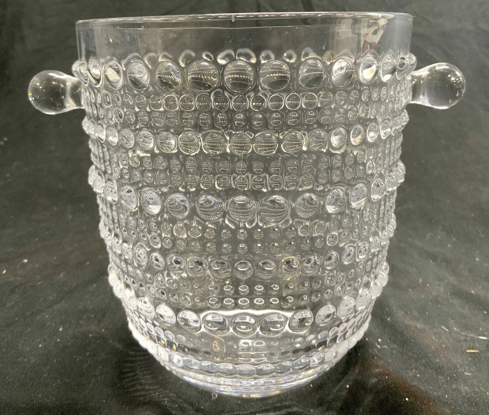 GODINGER Hobnail Glass Vase Vessel W Handles: Underside reads GODINGER. Hobnail vase with beveled dot detail. Piece has handles at sides. Vessel measures approximately 5.75 inches tall 7 inches wide. Vase, vessel, GODINGER vase, Hobnail glass, ho