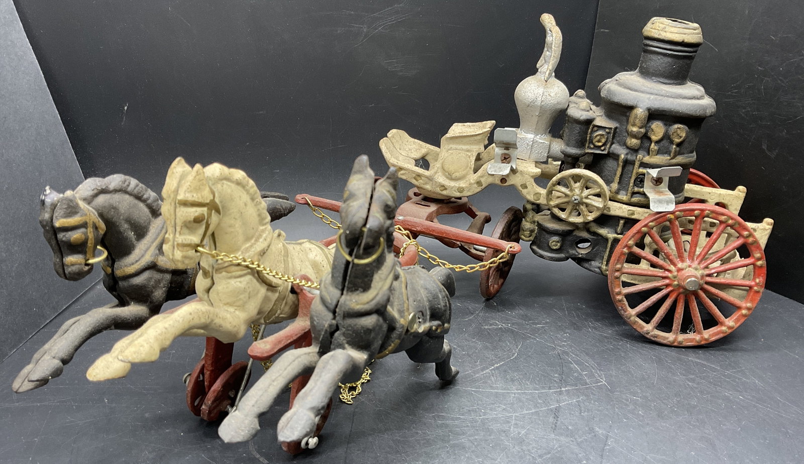 Collectible Folk Art Horse Drawn Carriage: Collectible Folk Art Horse Drawn Carriage, no apparent inscriptions or marks to piece, subject a carriage drawn by three horses, carriage detachable from horse lead, man detachable from carriage, poss