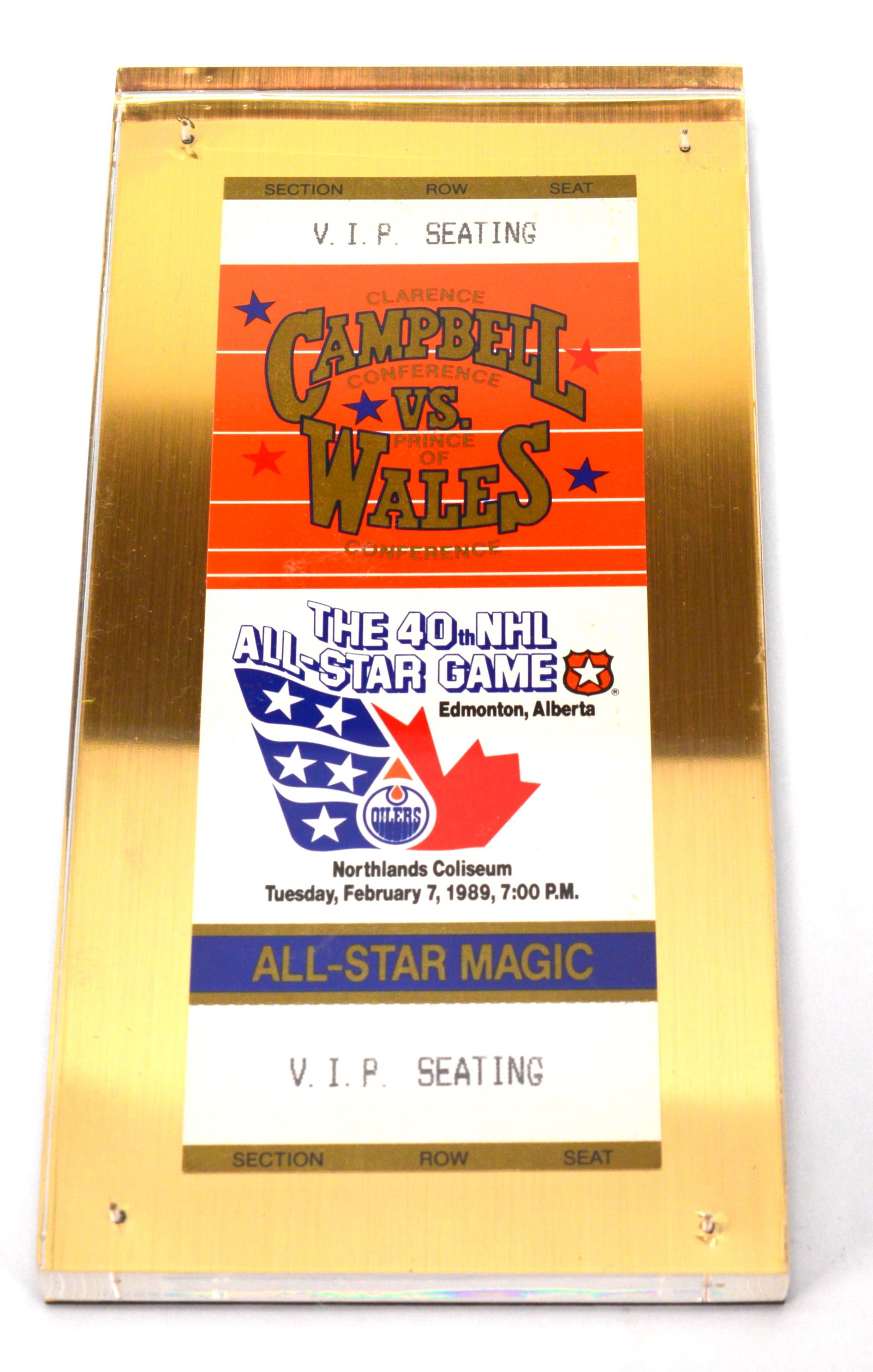 1989 40th NHL All Star Game VIP Ticket: Clarence Campbell Conference vs. Prince of Wales Conference Edmonton Alberta at Northlands Coliseum VIP Seating. Souvenir. NB BS23 lc
