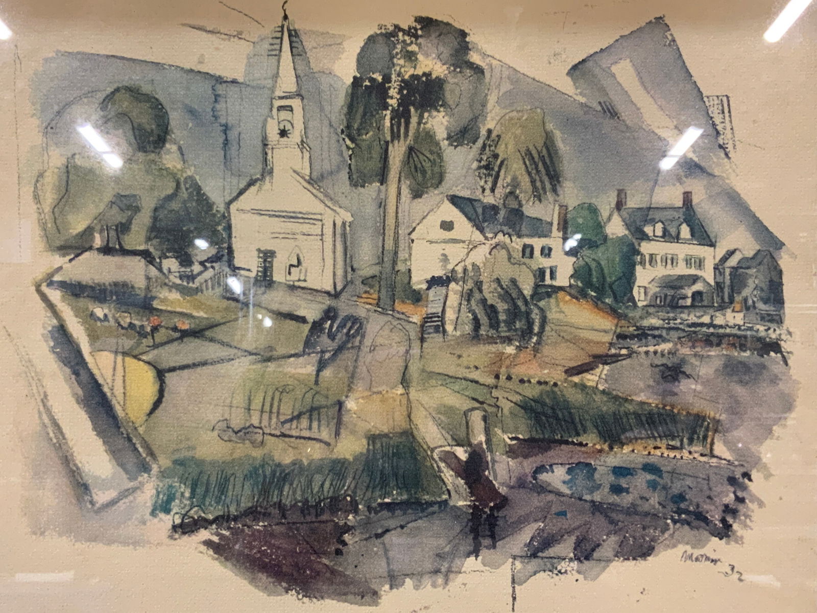 John Marin Phippsburg, Maine Watercolor Print: Subject depicts an abstract look at a town, with houses, yards, and a church. Framed in a wooden frame with a gilt accent in inner window. Signed in print. Frame measures approx. 17W x 13H in. Window