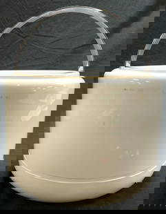 STELTON ERIK MAGNUSSEN Danish Modern Ice Bucket: Underside reads STELTON ERIK MAGNUSSEN MADE IN DENMARK. Ice bucket is Danish Modern. Piece is cream toned with silver toned metal arched handle. Bucket includes lid. Ice bucket measures approximately