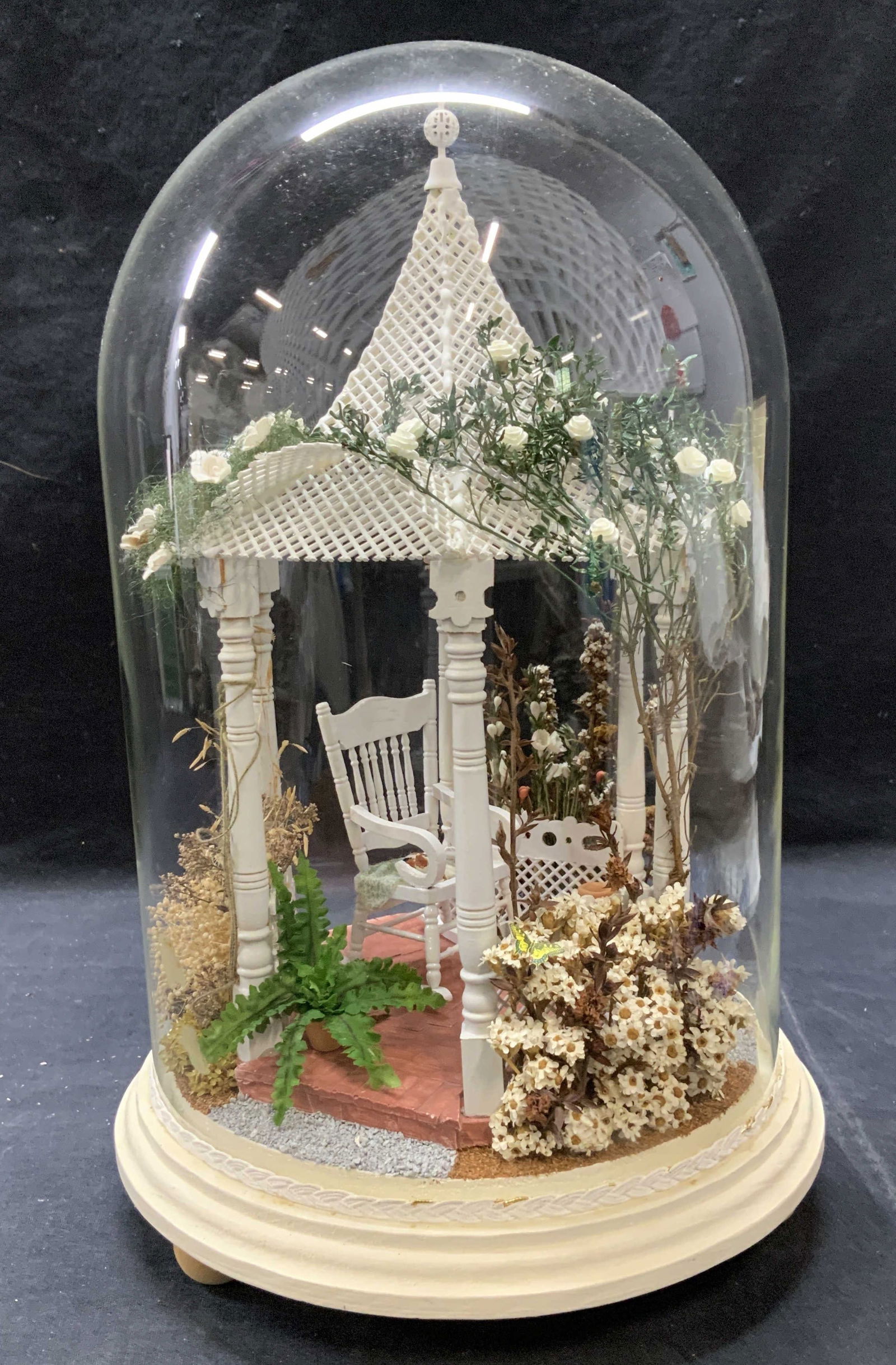 Sign. Music Box, Hand Crafted Gazebo Cloche: Arts and crafts music box. hand crafted garden gazebo within cloche. Plays section of Tchaikovskys Nutcracker waltz. Interior has a gazebo with floral vines, rocking chair, cats, garden pottery and to
