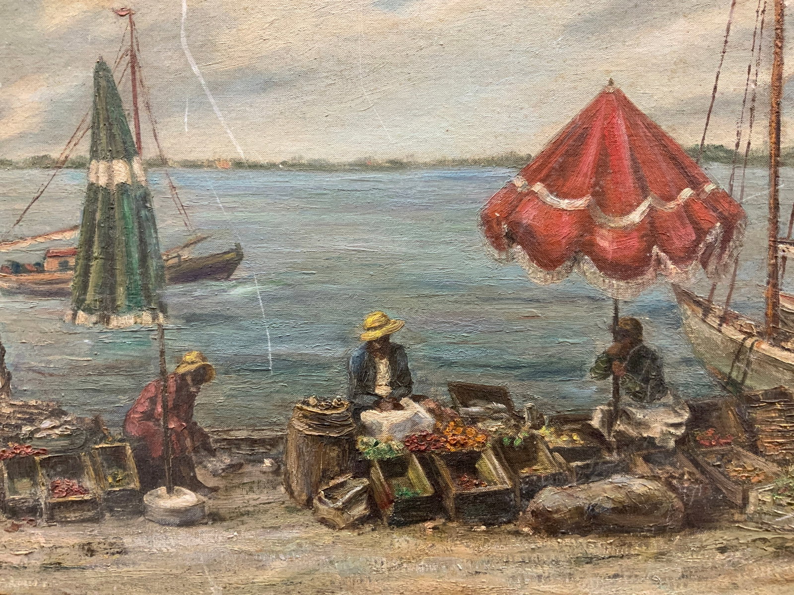R.Flaks Signed Oil Painting on Board Merchant Pier: Oil painting on canvas board. Signed in lower right corner. Subject depicts three merchants at their makeshift stands on a pier. Canvas board measures approx. 24 W x 17.75 H in. Wear consistent with a