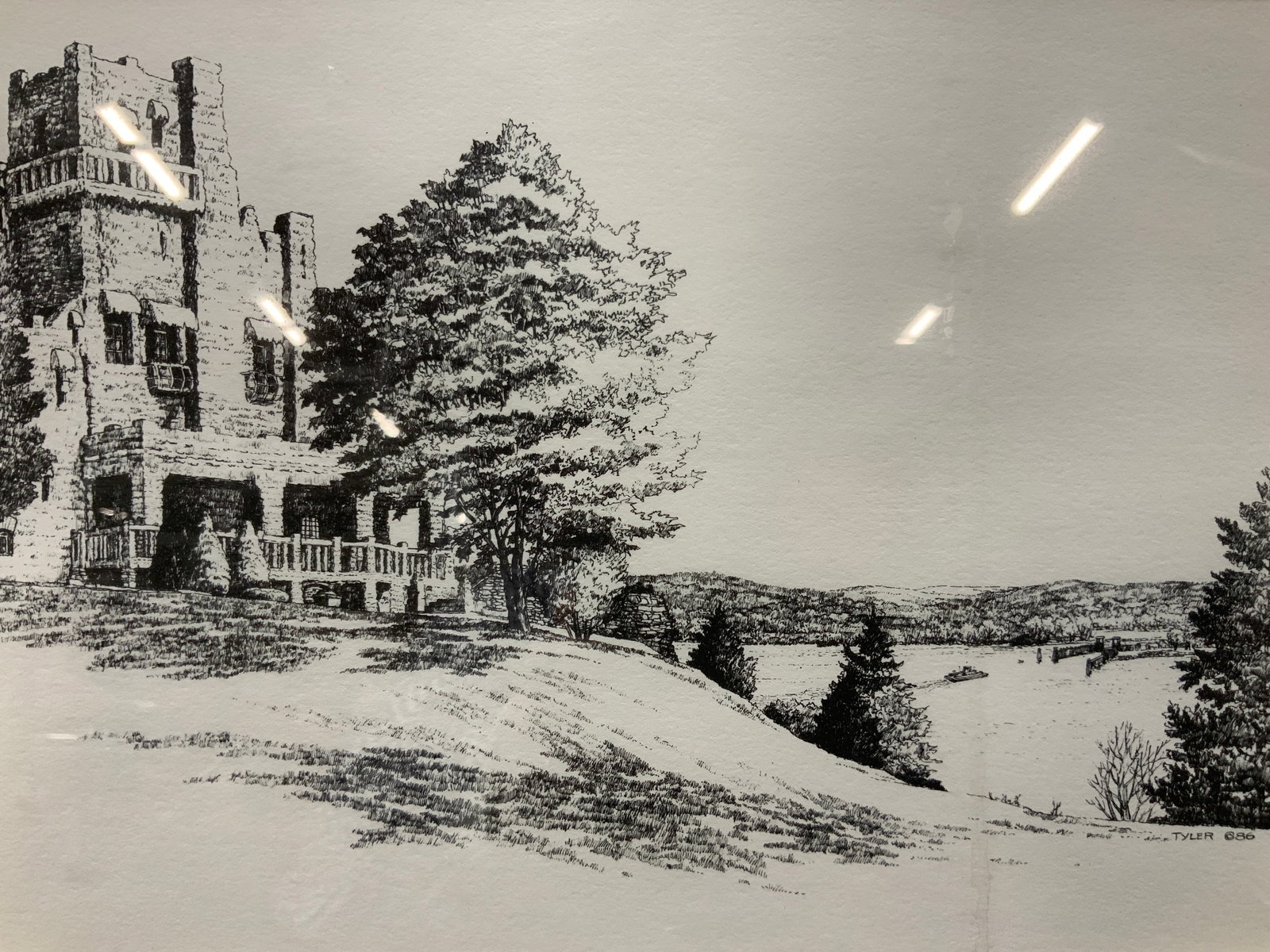 Pen & Ink Drawing Signed & Dated Castle by River (1 of 9)