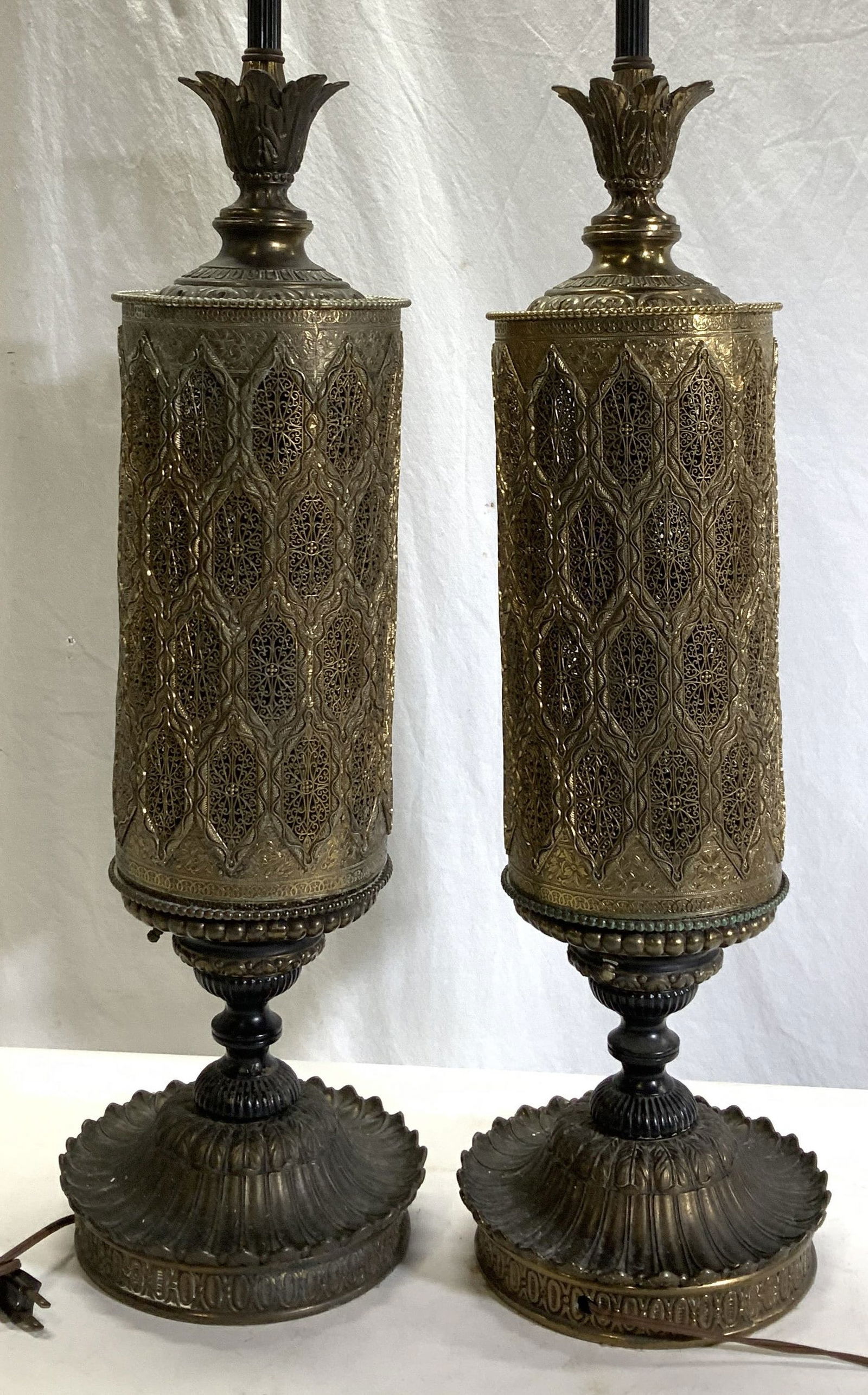 Pair Moroccan Style Tall Gilt Brass Lamps, 43in.H (1 of 9)