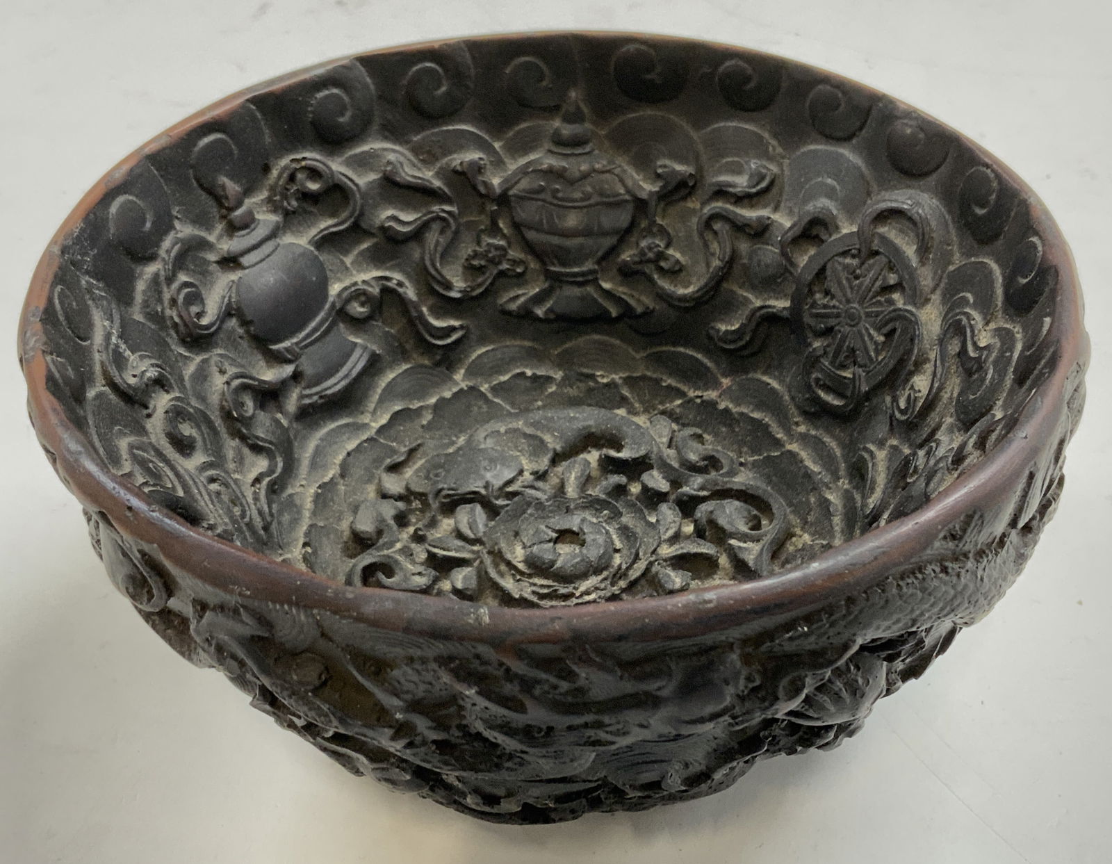 Vntg Asian Carved Lacquer Resin Dragon Bowl (1 of 7)
