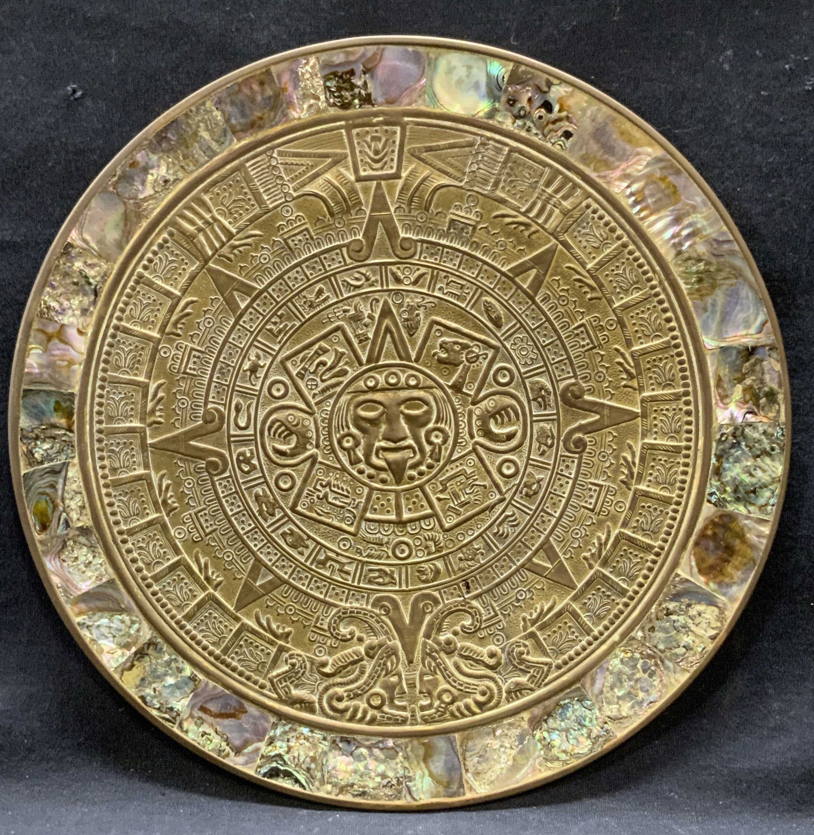 Inlaid Abalone Shell Brass Aztec Motif Plate (1 of 12)